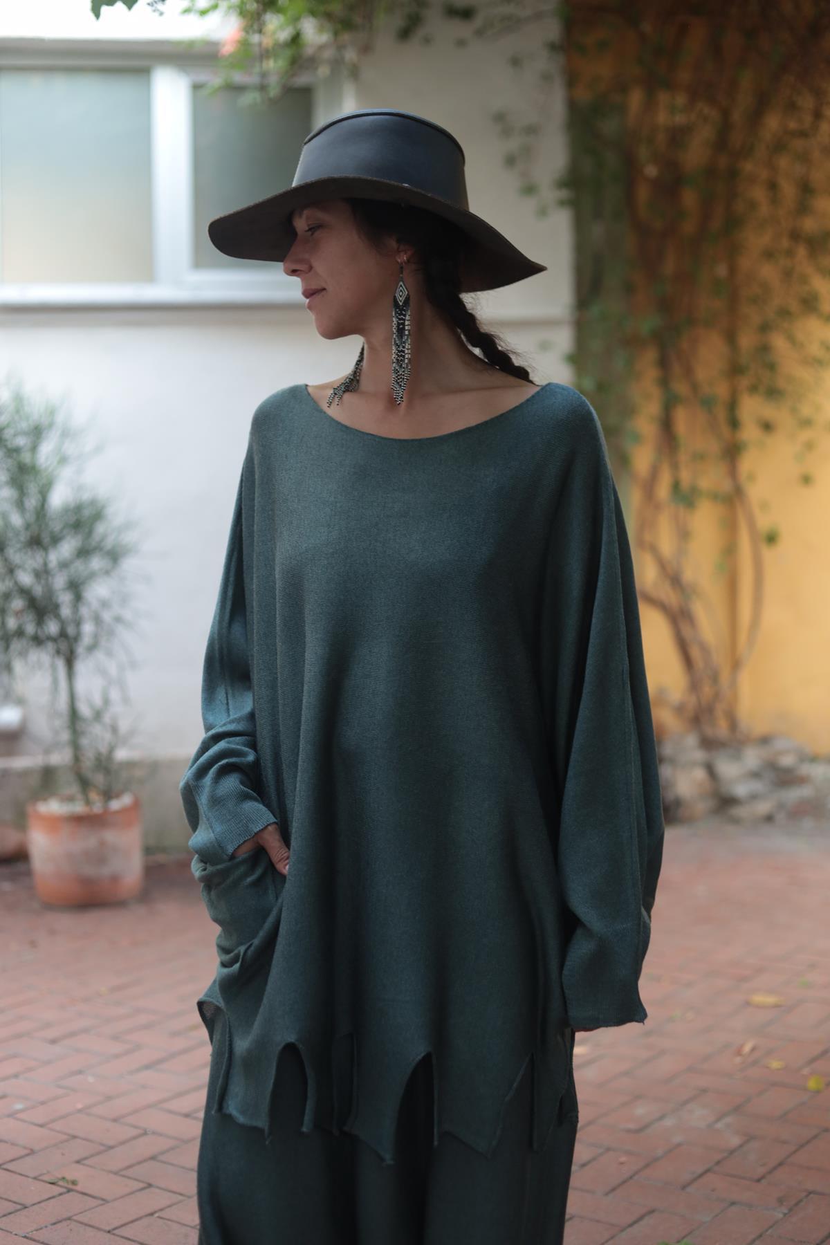 Petrol Yeşili Püsküllü Triko Tunik