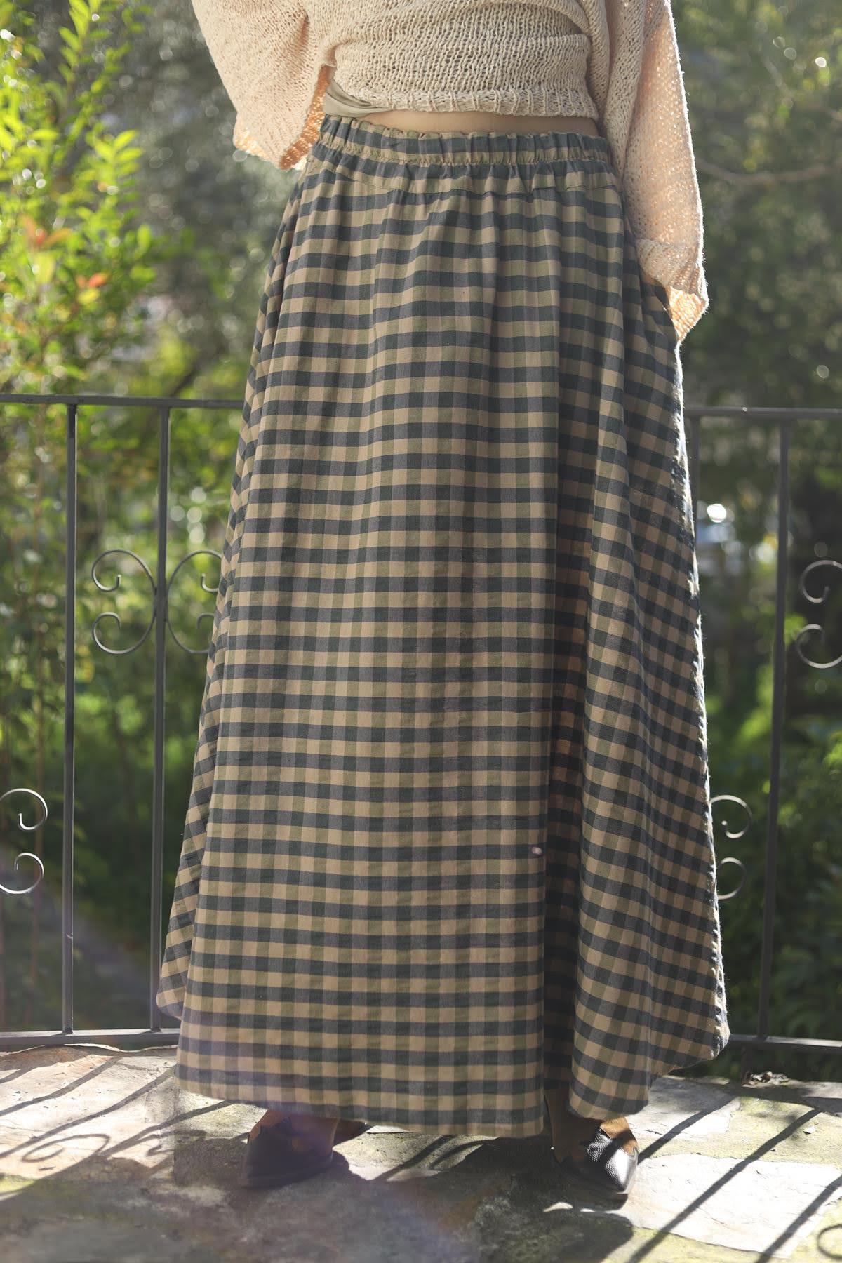 Camel Rengi Beli Lastikli Kareli Etek