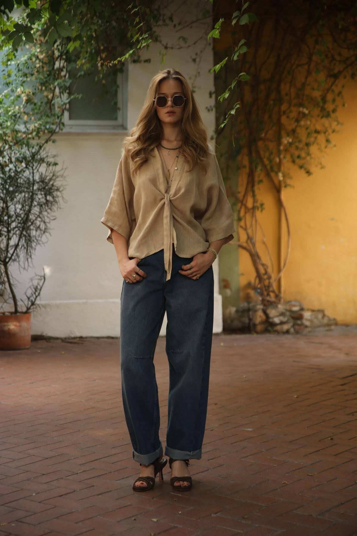 Camel Rengi Önü Bağlamalı Keten Ceket