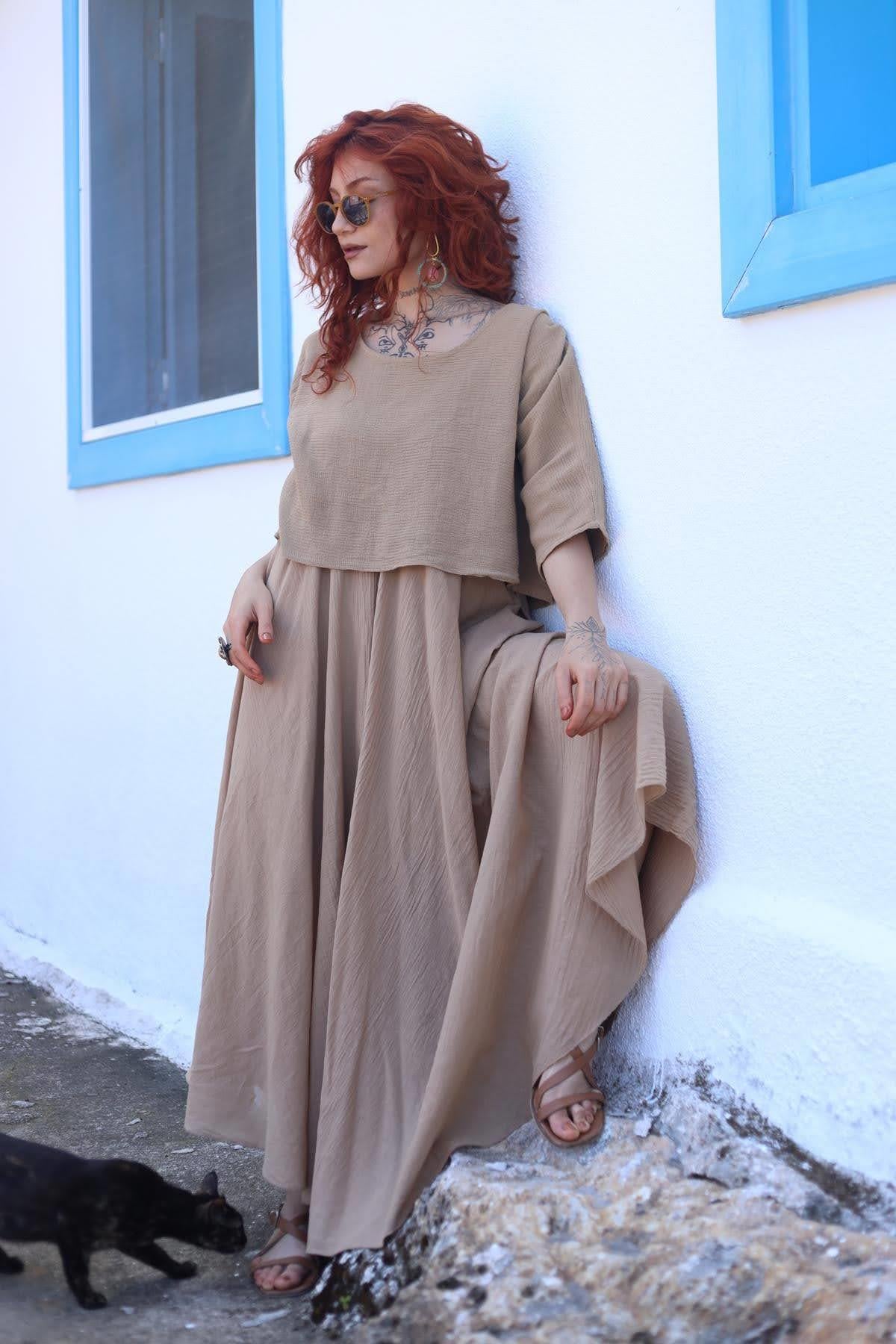 Camel Rengi Askılı Bluz Detaylı Elbise