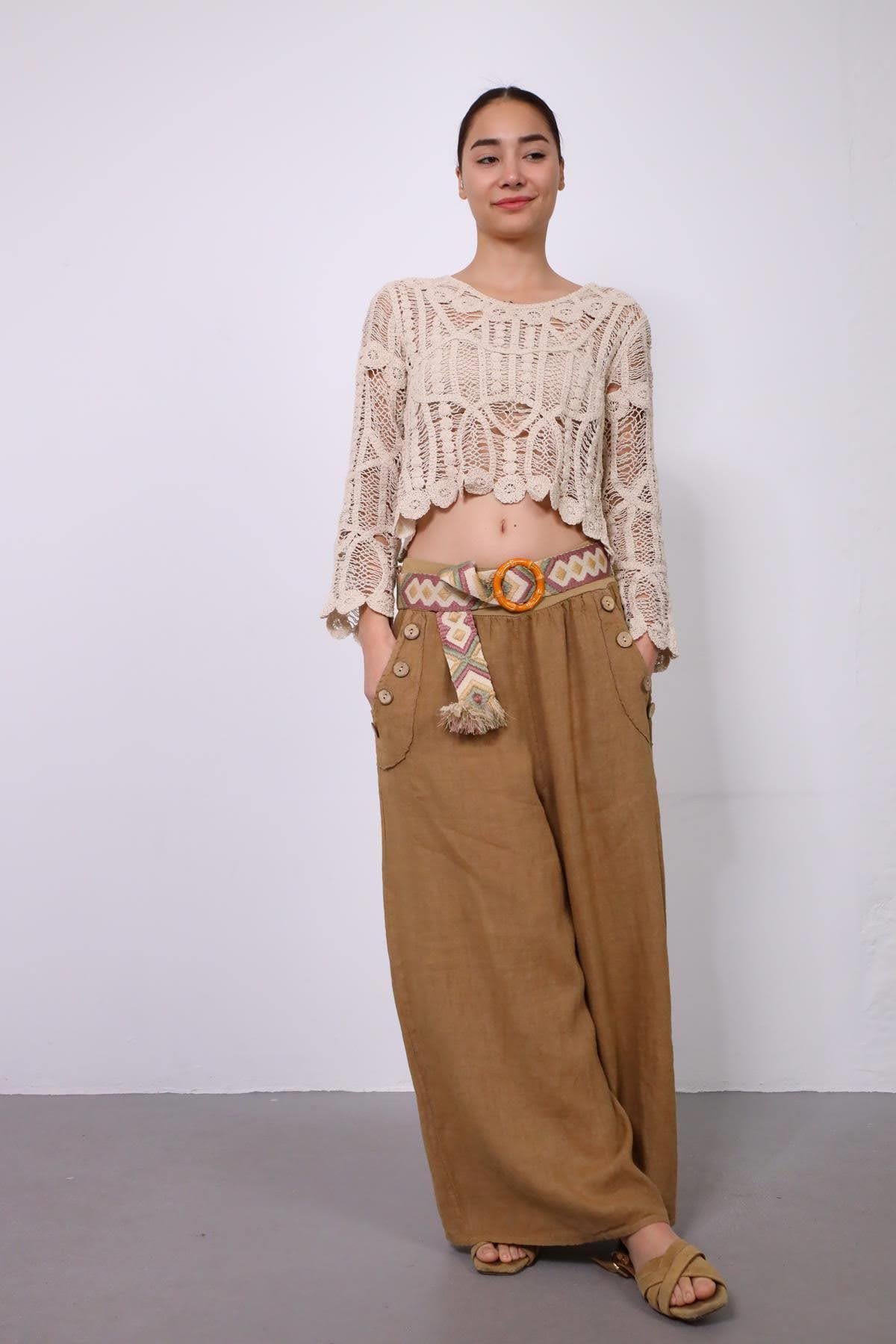 Camel Rengi Düğme Detaylı Bol Paça Keten Pantolon - Şaman Butik Camel Rengi Düğme Detaylı Bol Paça Keten Pantolon