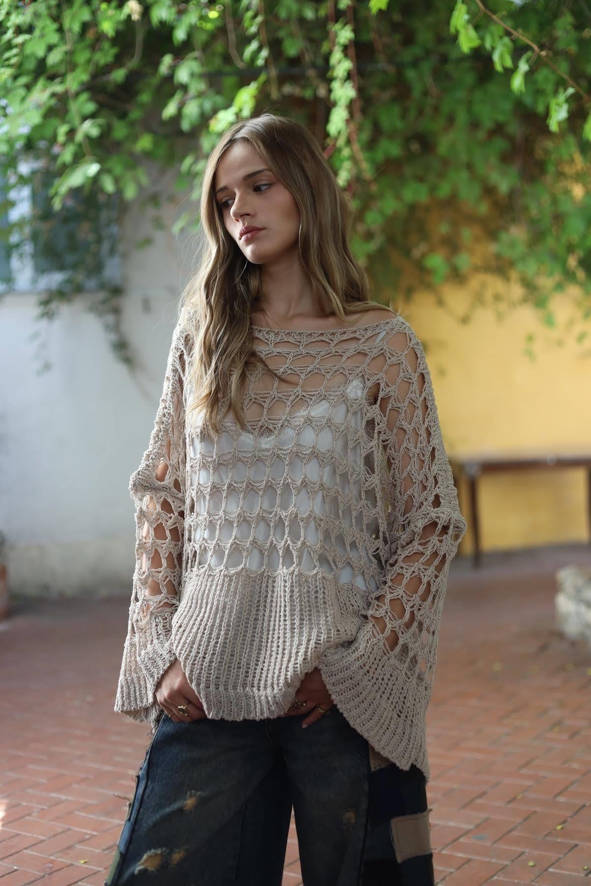 Mink Color Mesh Piece Detailed Knit Blouse