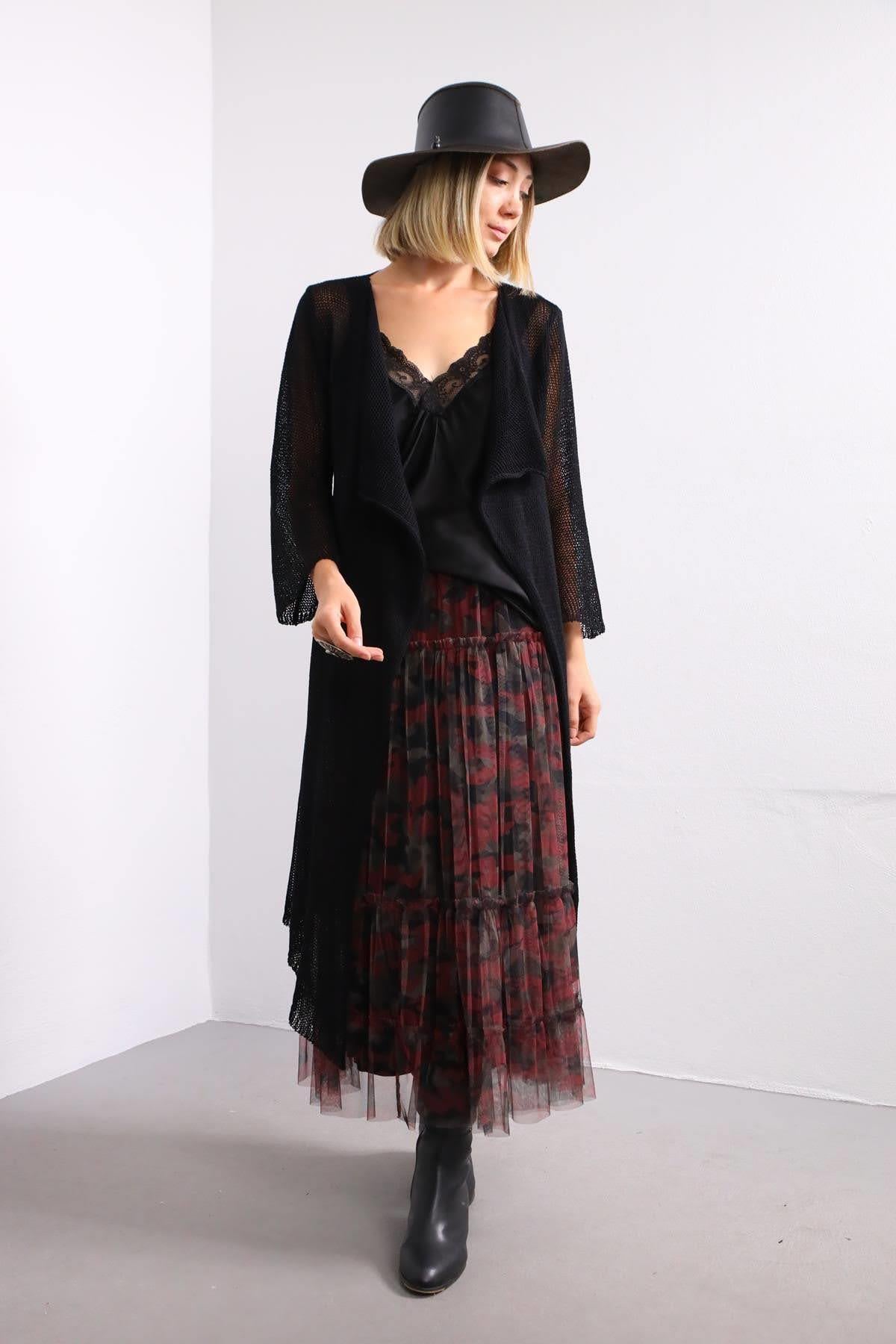 Siyah Uzun Merserize Hırka - Şaman Butik Siyah Uzun Merserize Hırka