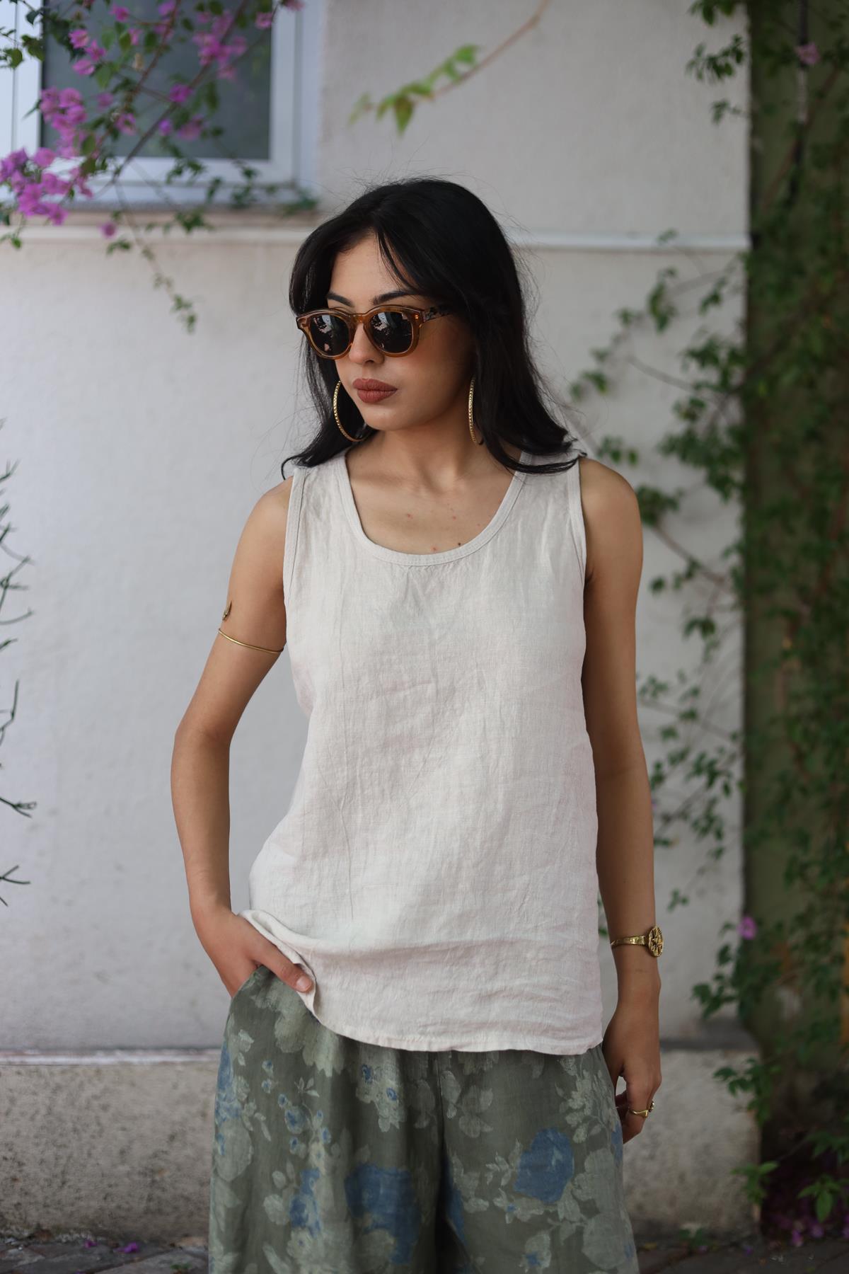 Cream Color Sleeveless Front Linen Blouse