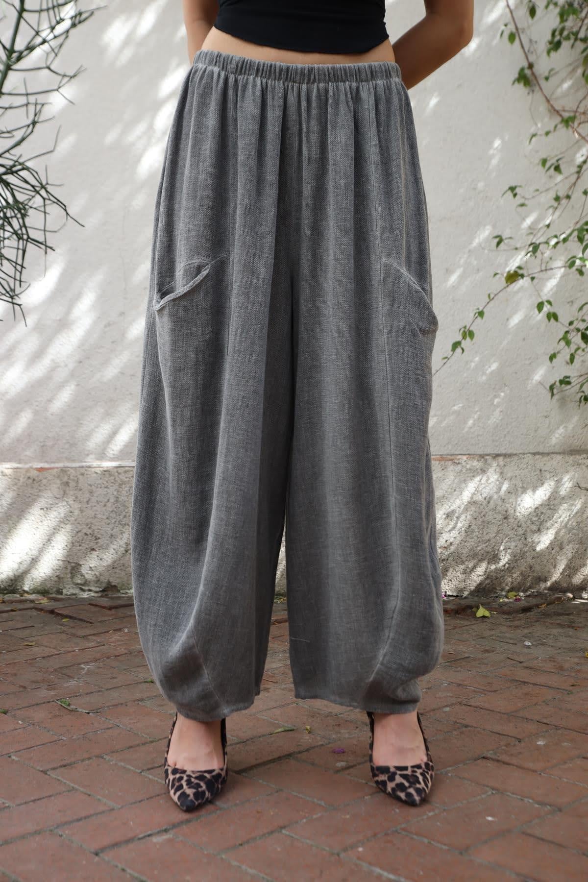 Koyu Gri Beli Lastikli Yanları Cepli Keten Pantolon