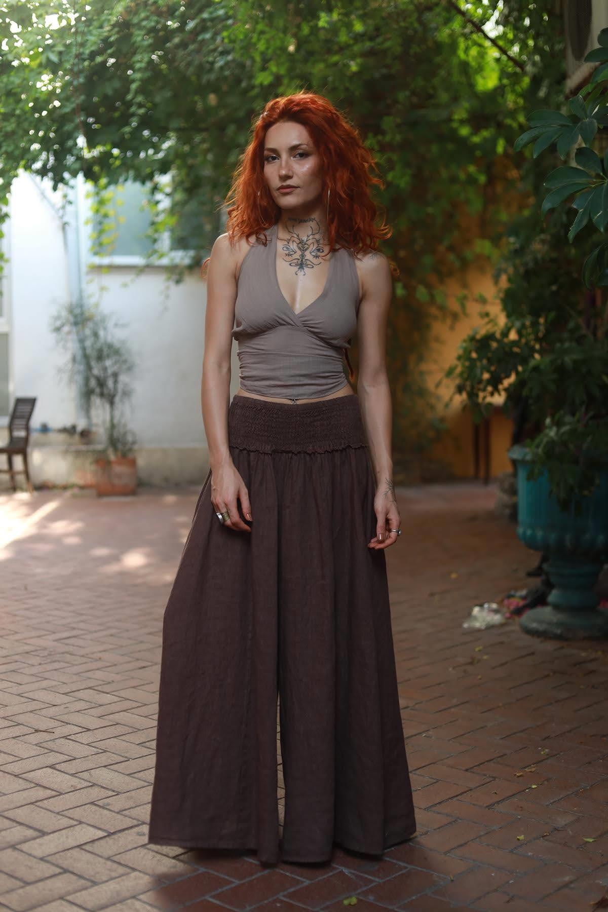 Kahverengi Beli Gipeli Dikiş Detaylı Keten Pantolon