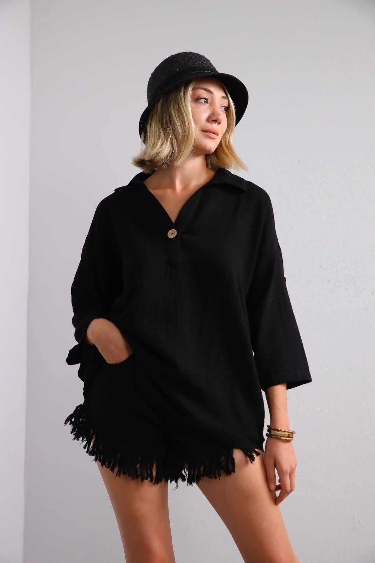 Siyah Tek Düğme Kolu Apoletli Gömlek - Şaman Butik Siyah Tek Düğme Kolu Apoletli Gömlek