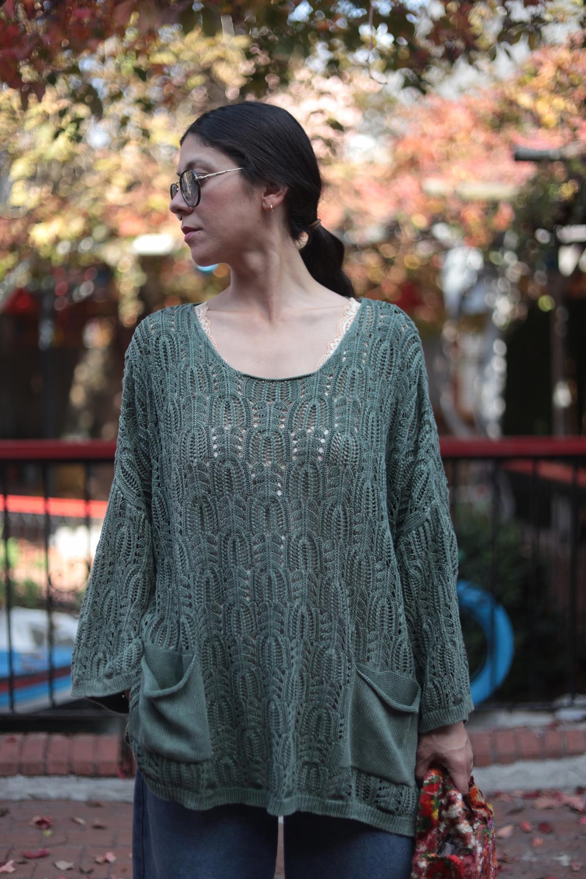 Haki Örgü Desenli Yıkama Triko Tunik