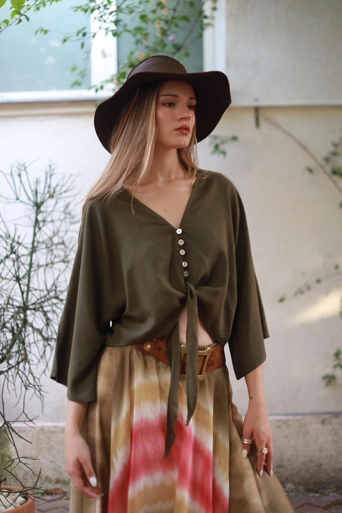 Haki Düğmeli Keten Bolero