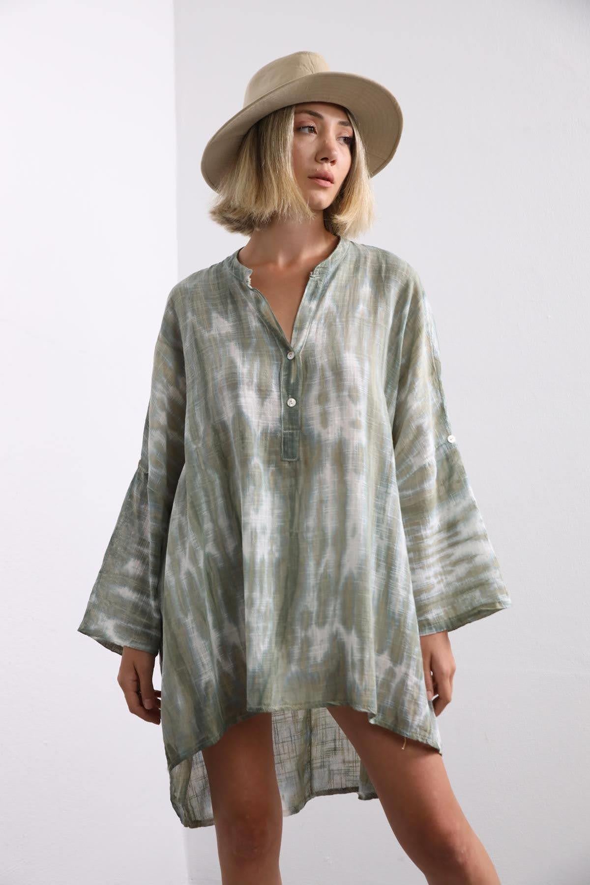 Haki Batikli Kolu Apoletli Tunik - Şaman Butik Haki Batikli Kolu Apoletli Tunik