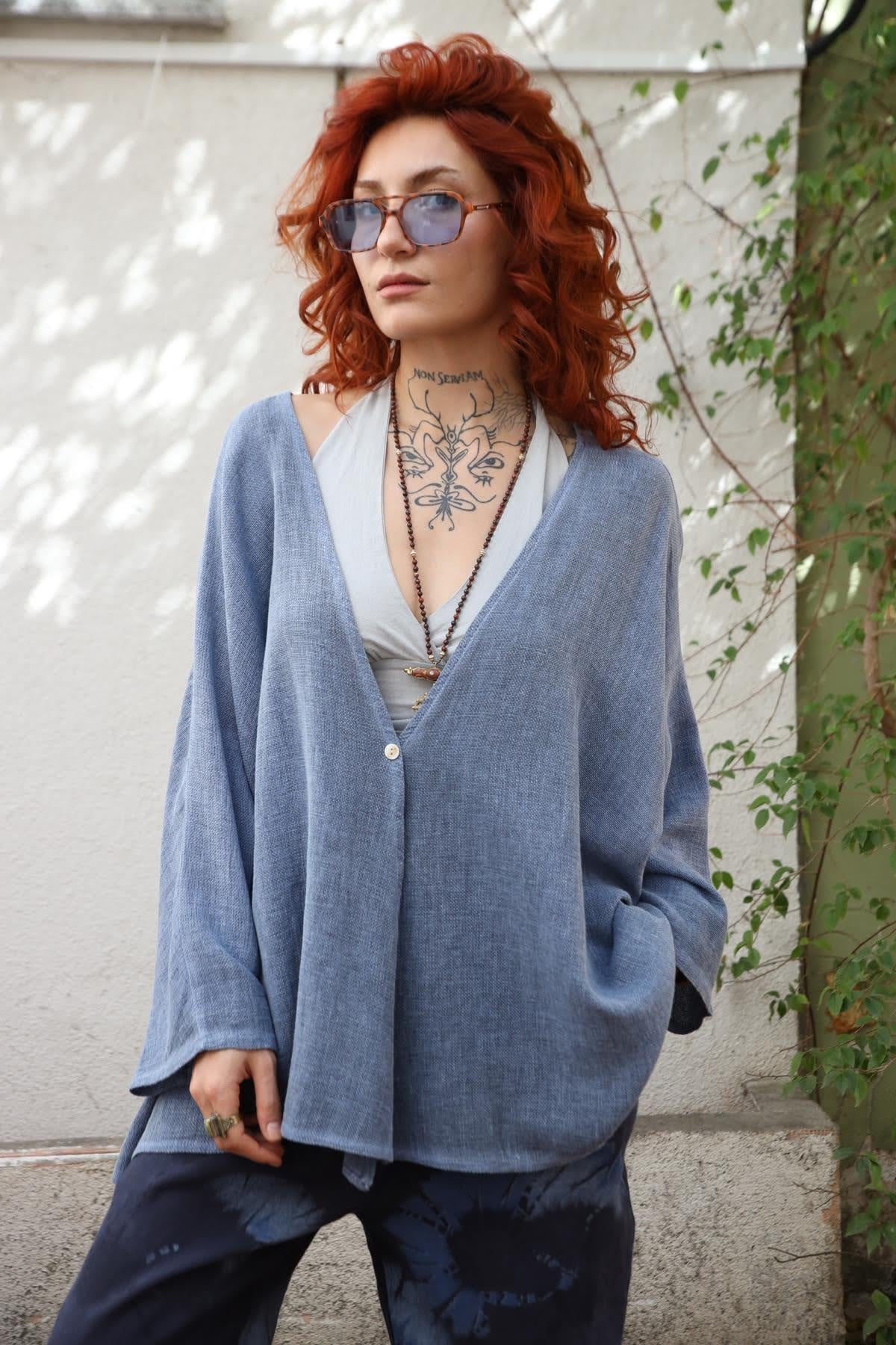 Indigo Blue Single Button Linen Cardigan