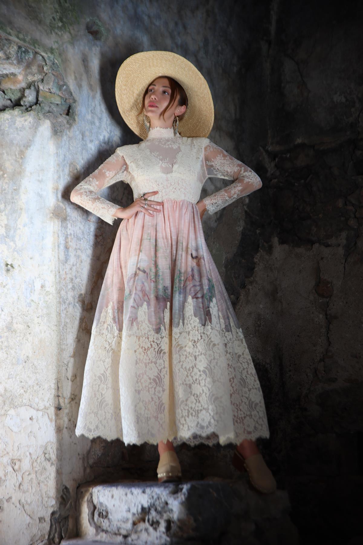 Pudra Pembe Çiçek Desenli Dantel Elbise - Şaman Butik Pudra Pembe Çiçek Desenli Dantel Elbise