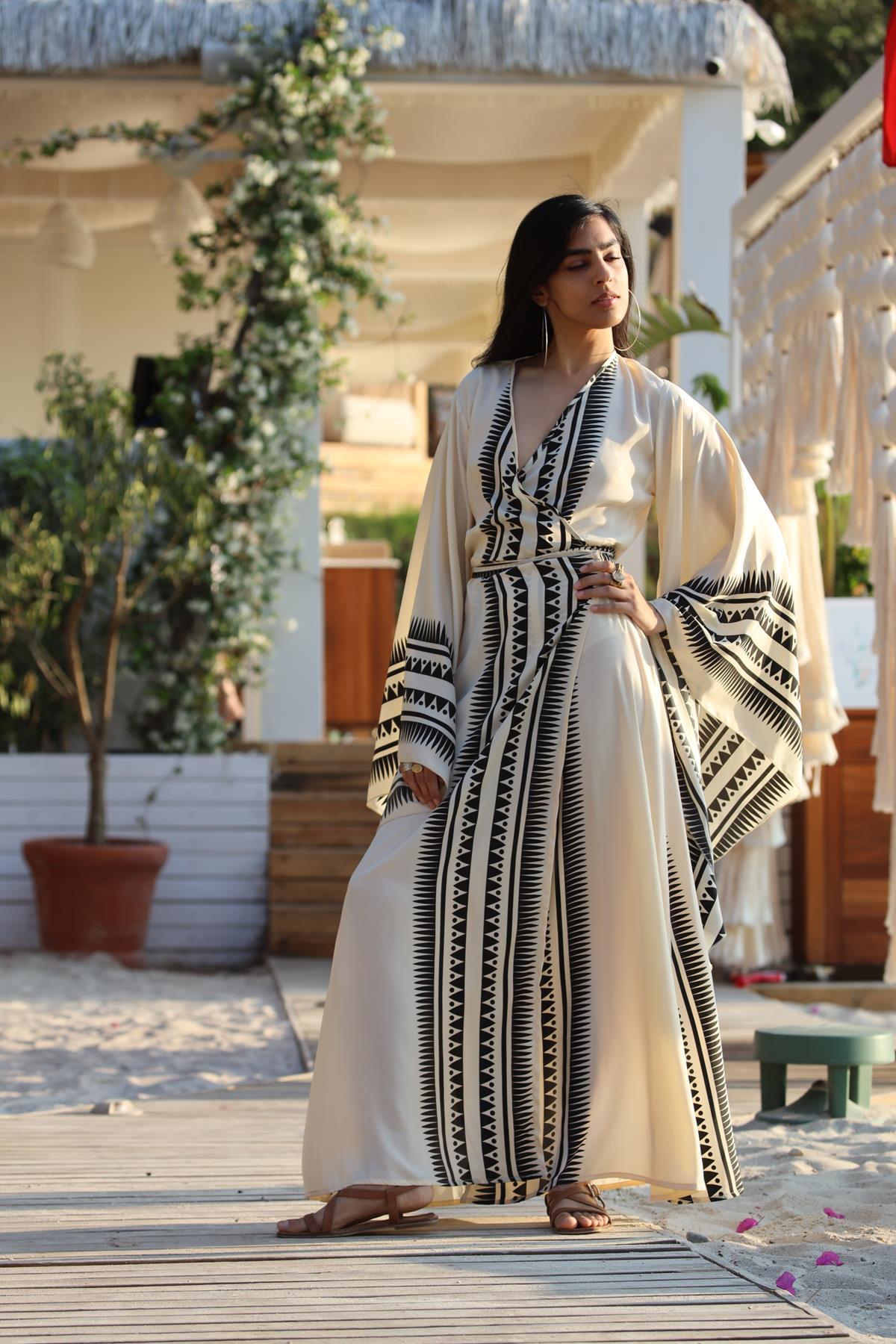 Cream Color Patterned Belted Silk Wrap Dress