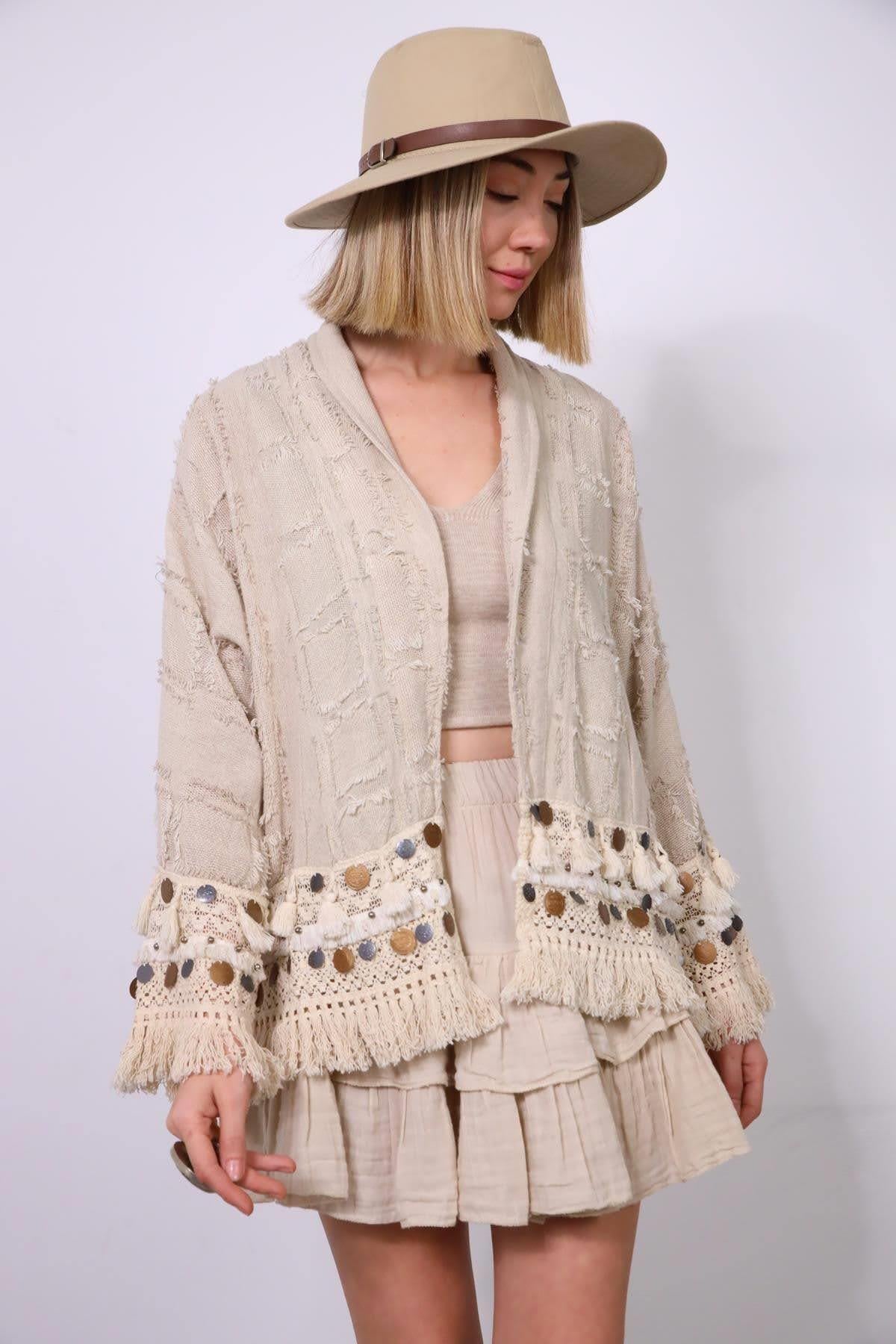Krem Rengi Saçaklı Kısa Etnik Ceket  - Şaman Butik Krem Rengi Saçaklı Kısa Etnik Ceket