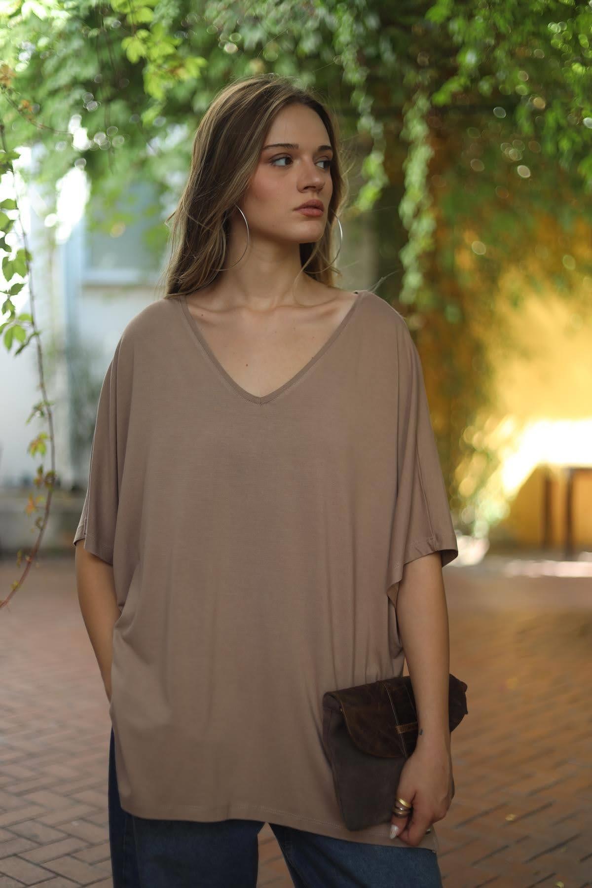 Light Brown V Neck Batwing Sleeve Blouse