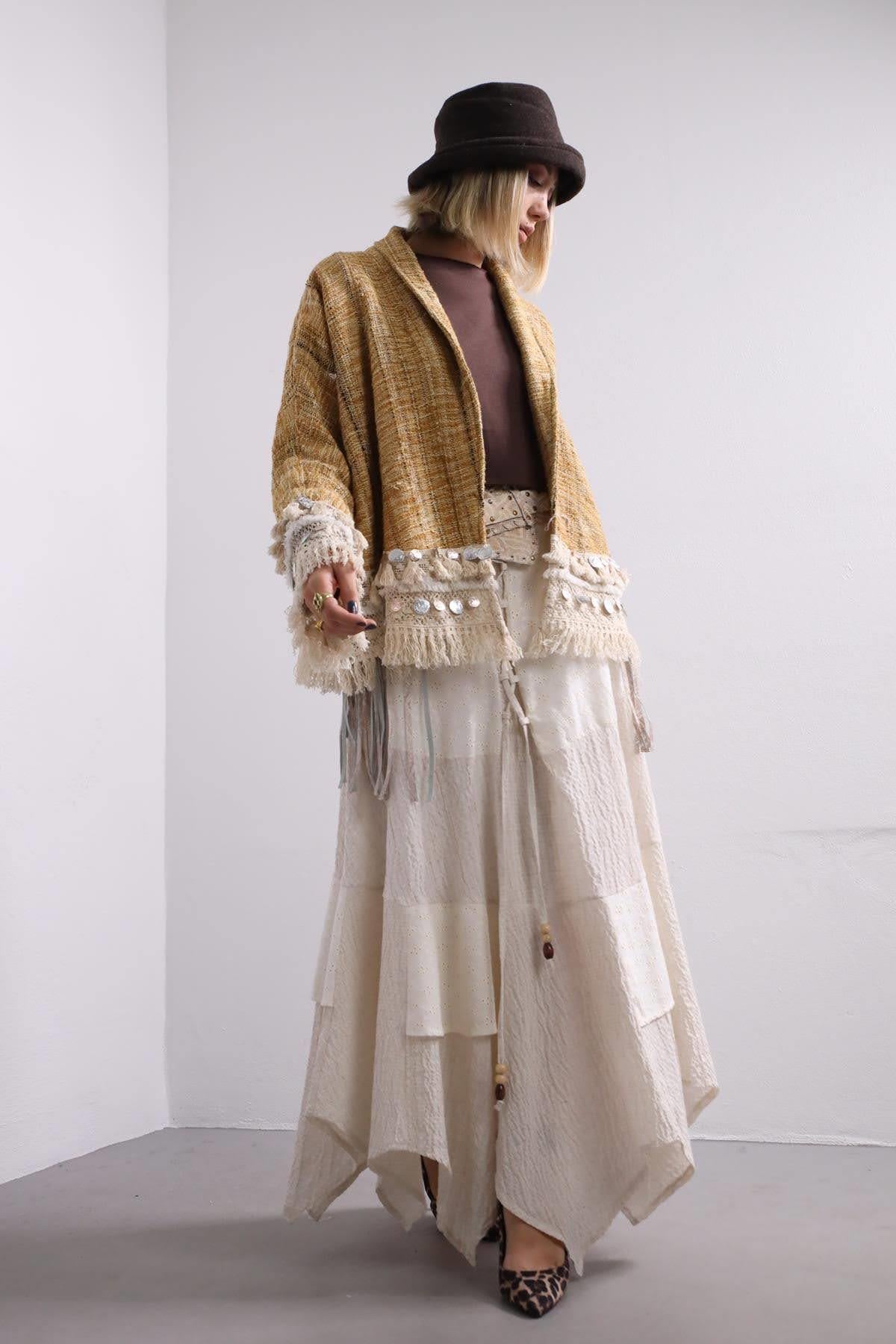 Hardal Rengi Saçaklı Kısa Etnik Ceket - Şaman Butik Hardal Rengi Saçaklı Kısa Etnik Ceket