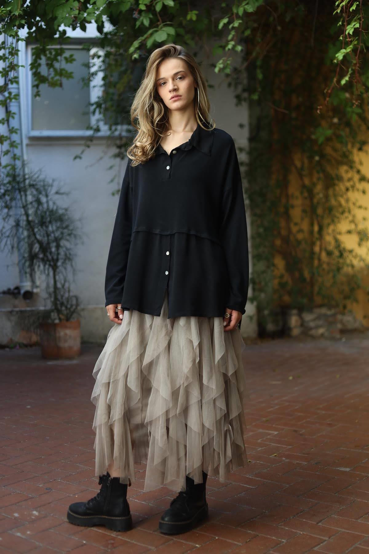 Siyah Parçalı Gömlek Bluz