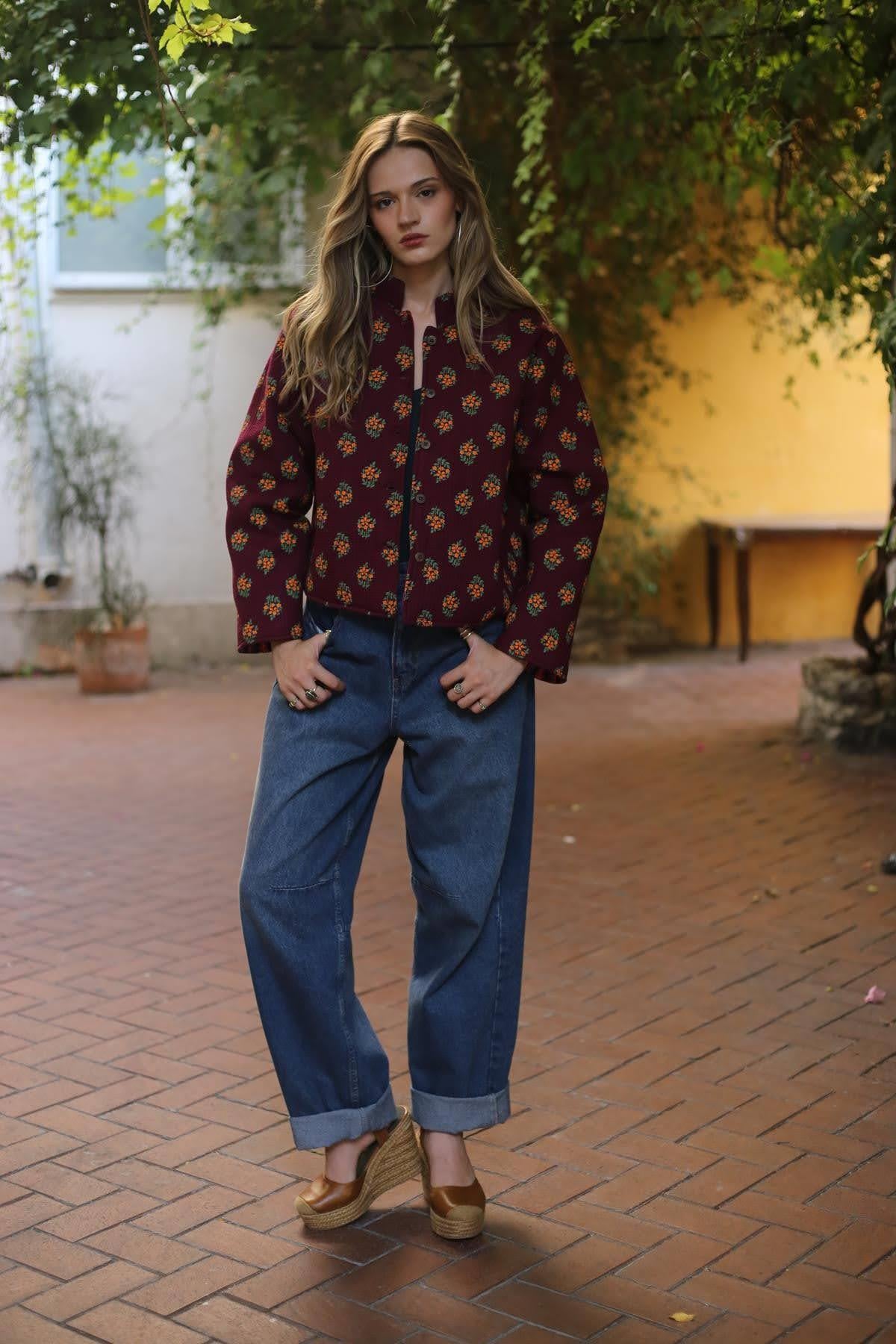 Bordo Desenli Kapitone Ceket