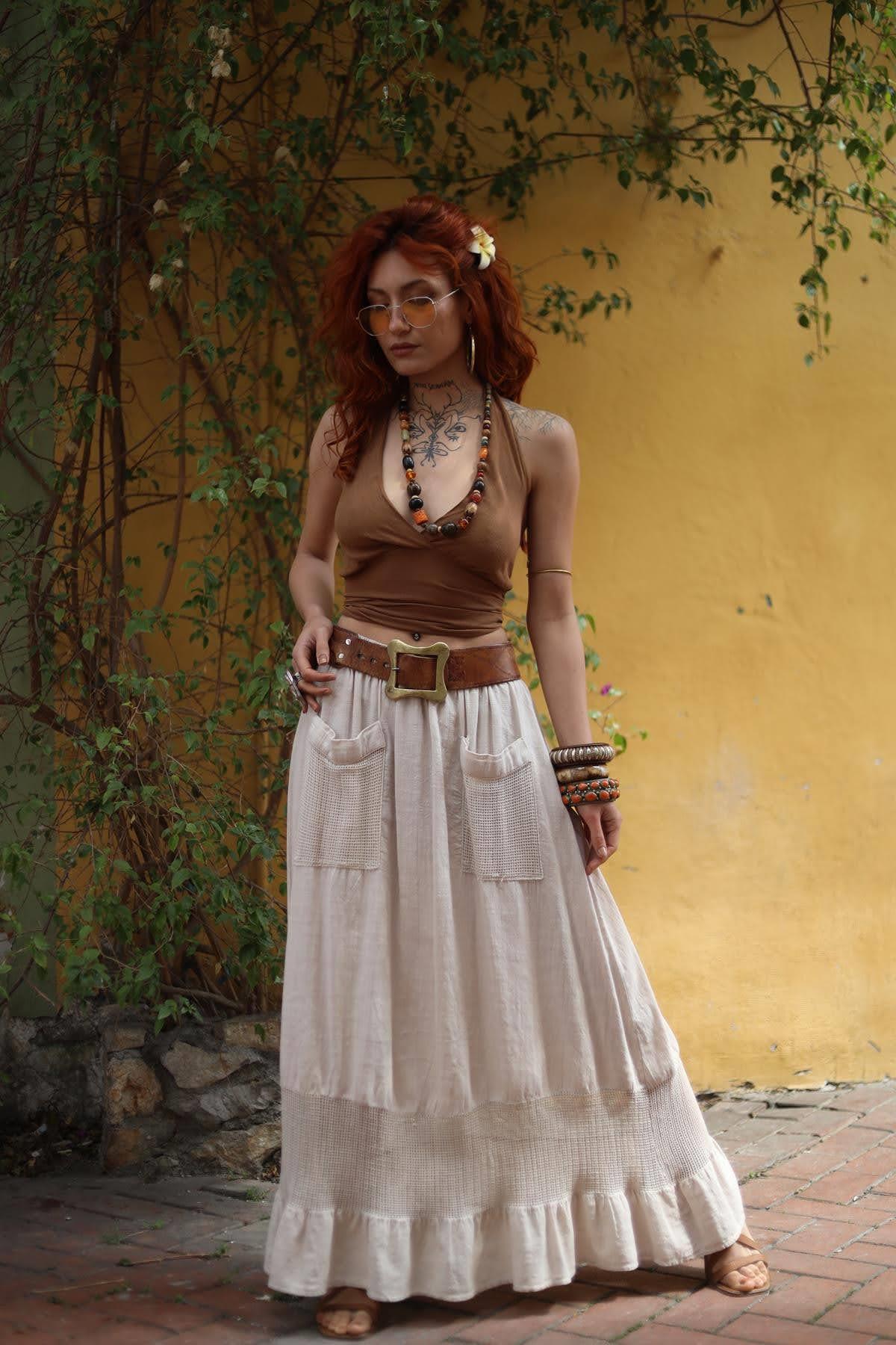 Cream Color Elastic Waist Pockets Skirt