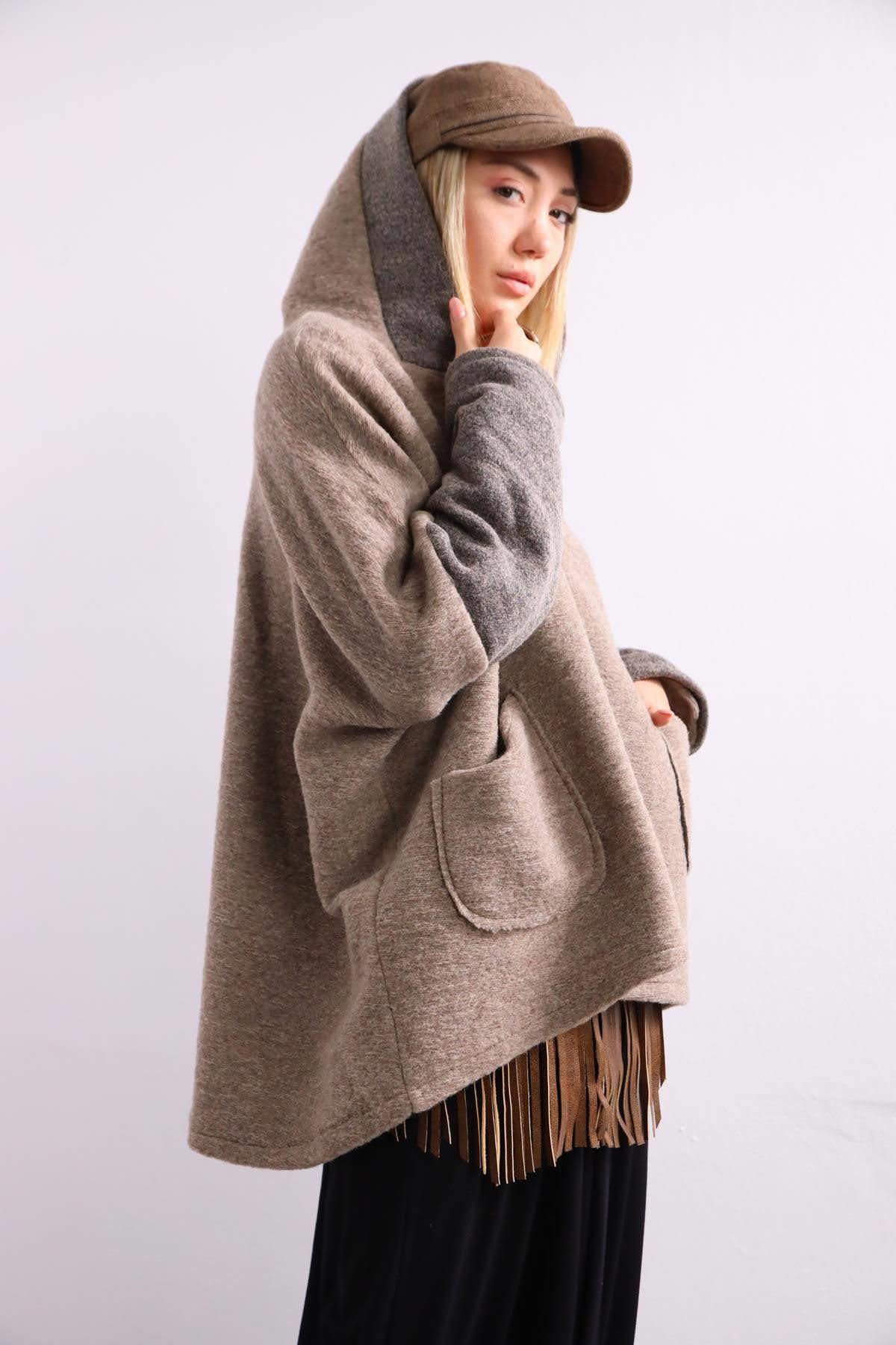 Vizon Kapüşonlu Kısa Keçe Kaban - Şaman Butik - Bohem Giyim ve Aksesuar | Kadın & Erkek Vizon Kapüşonlu Kısa Keçe Kaban