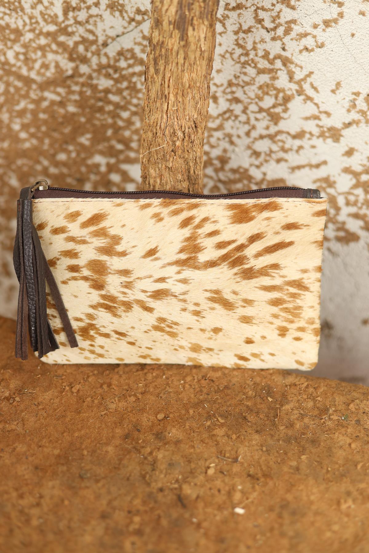 Krem Rengi Tay Tüyü Clutch Cüzdan Çanta
