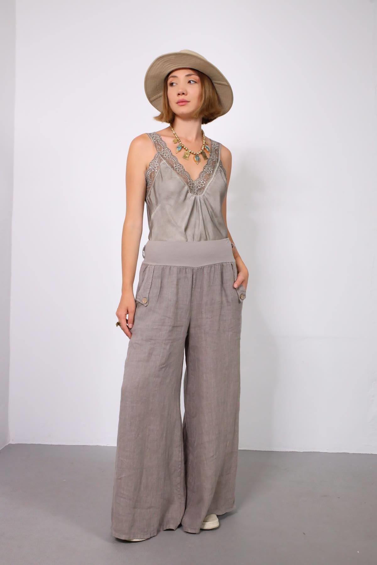 Vizon Rengi Cebi Tek Düğmeli Salaş Keten Pantolon - Şaman Butik Vizon Rengi Cebi Tek Düğmeli Salaş Keten Pantolon