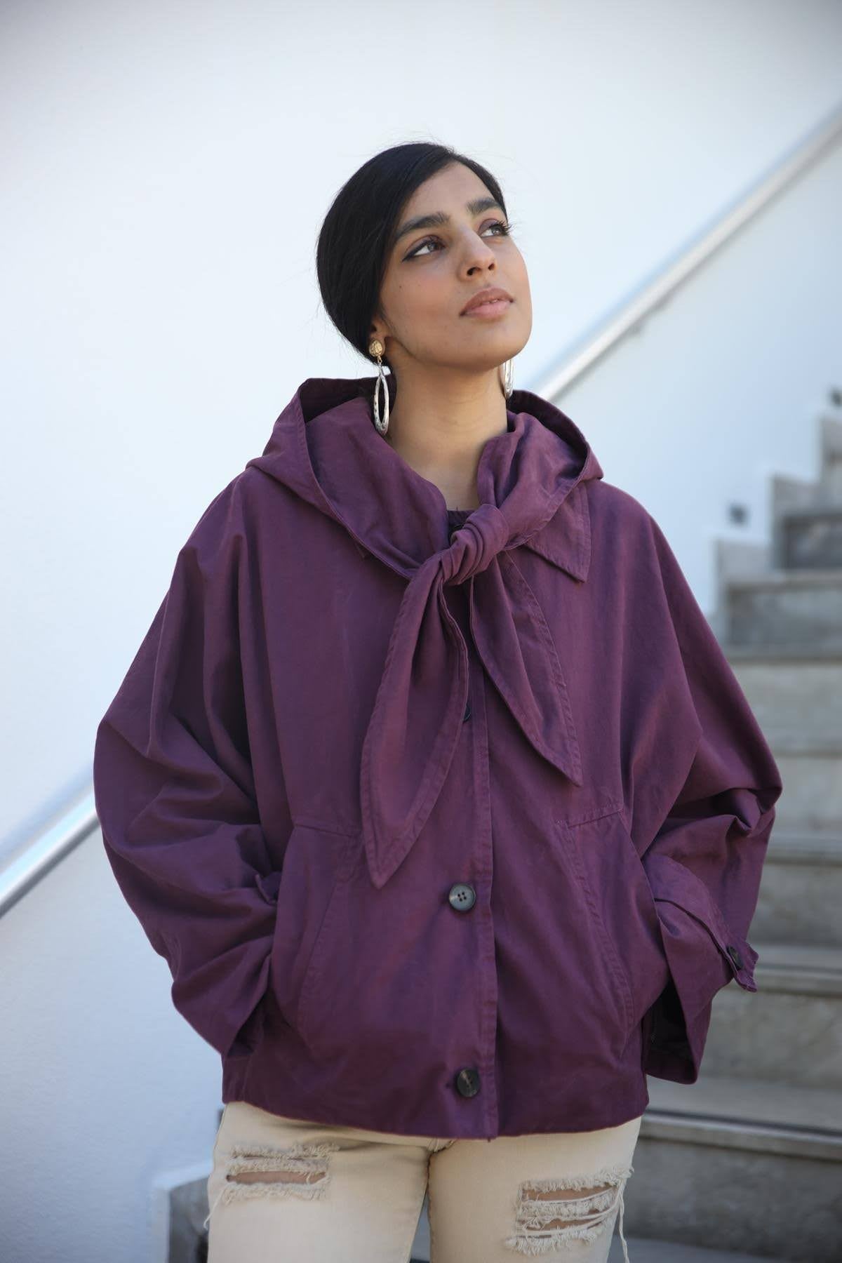 Bordo Fular Detaylı Oversize Gabardin Ceket