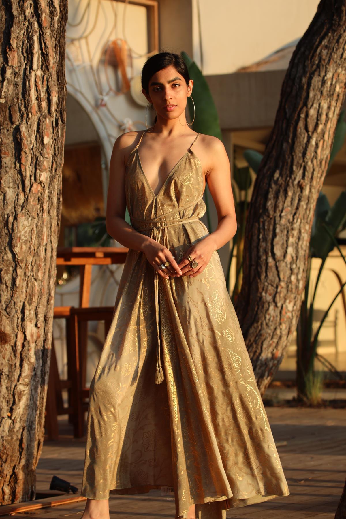 Khaki Patterned V Cut Tie Neck Dress