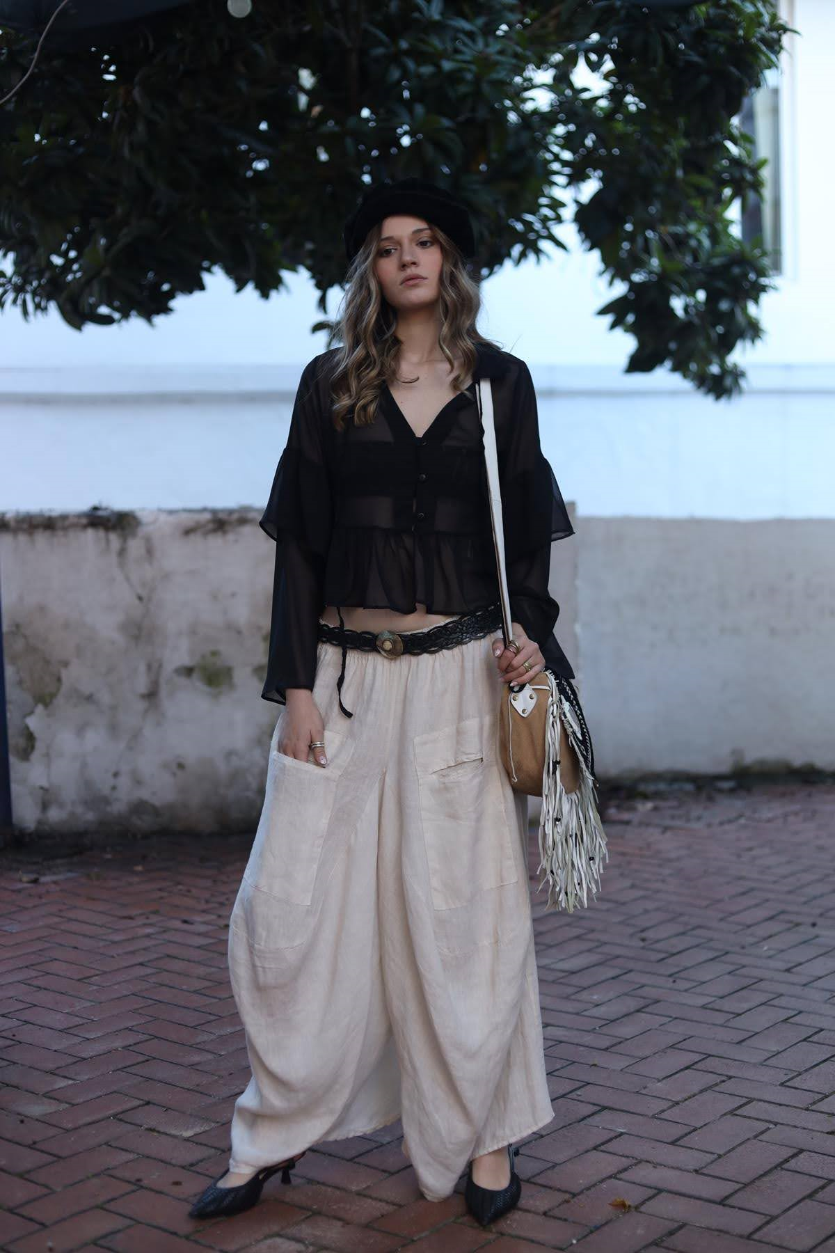 Krem Rengi Önü Cepli Keten Şalvar