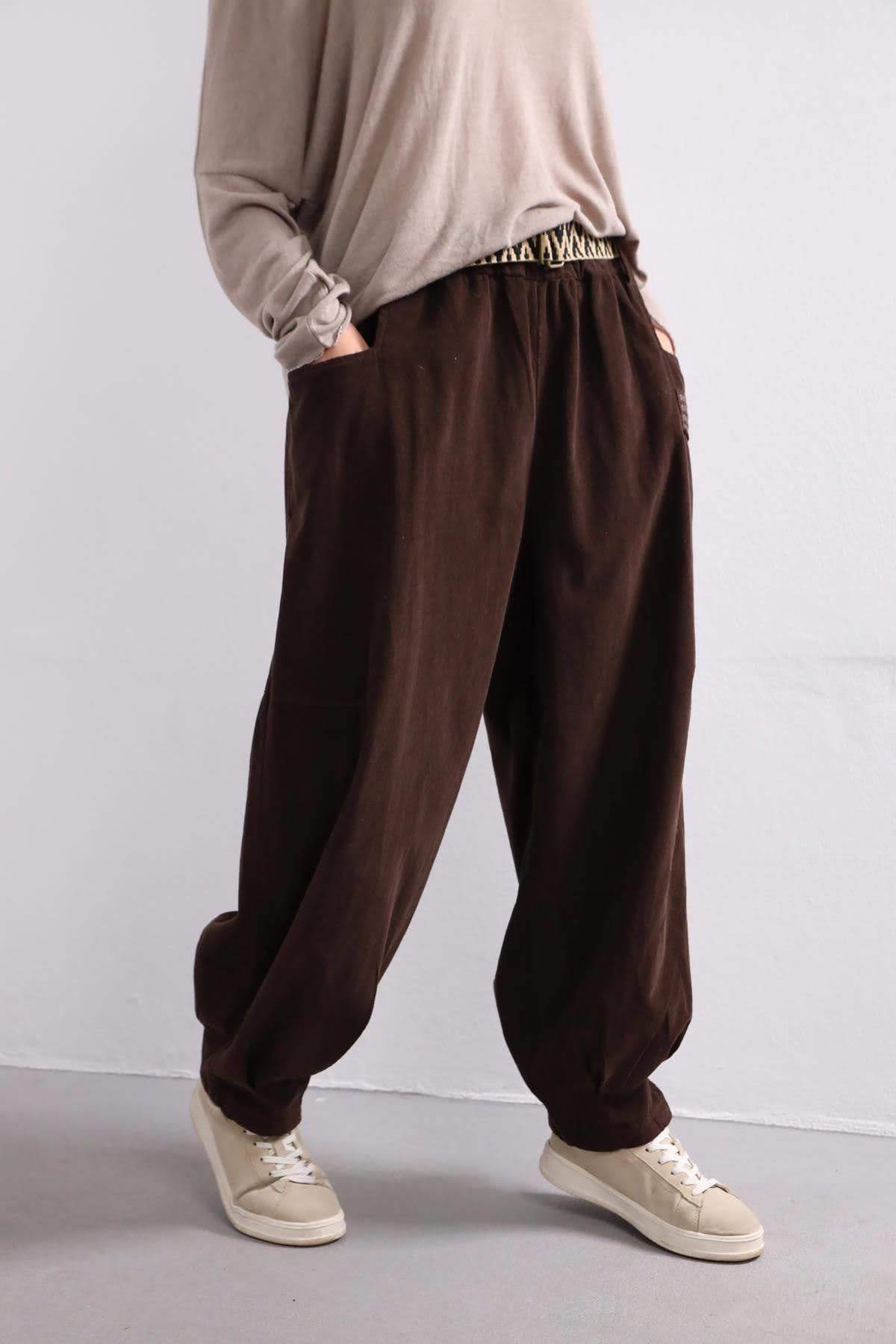 Kahverengi Kemerli Kadife Pantolon - Şaman Butik Kahverengi Kemerli Kadife Pantolon