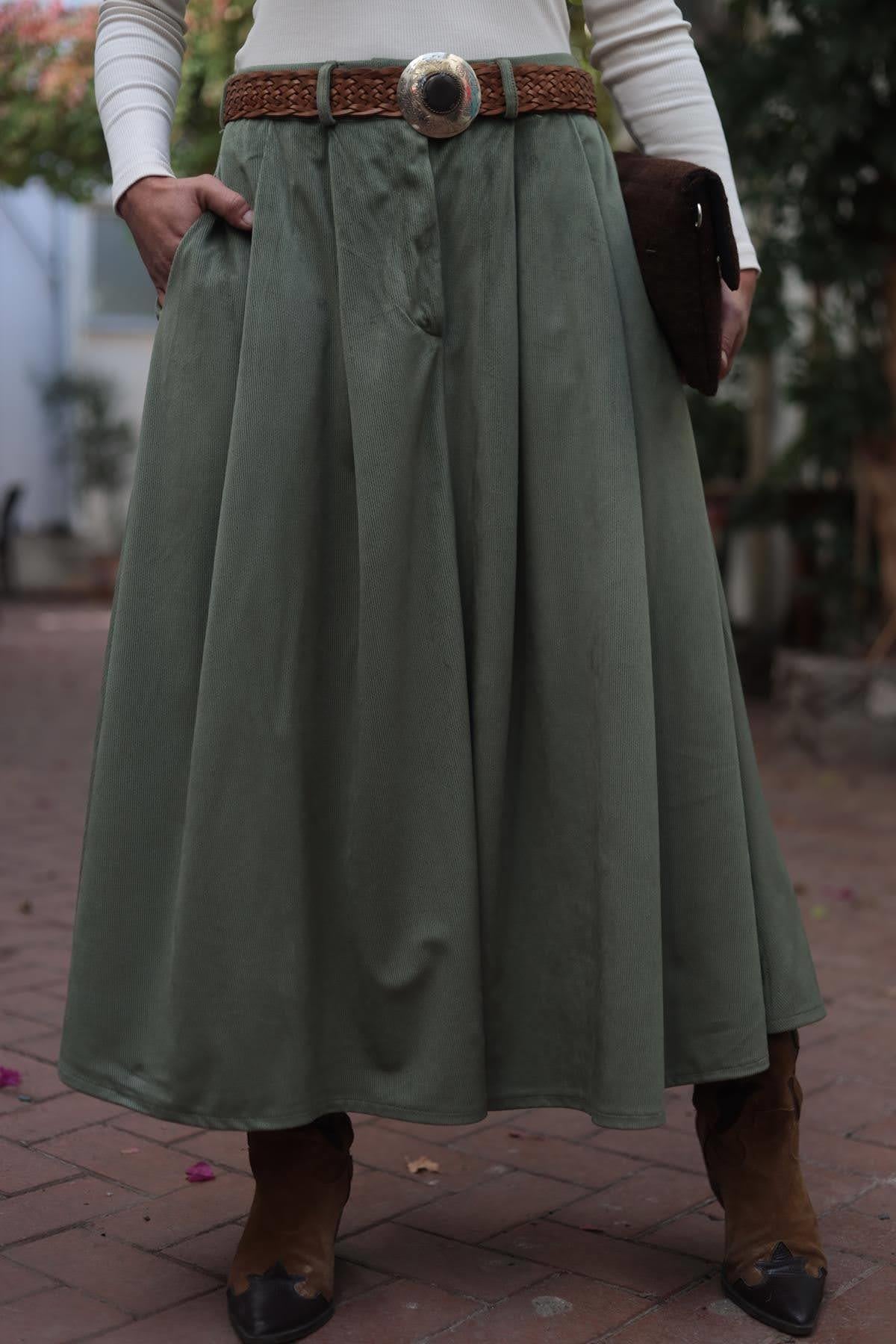 Haki Beli Lastikli Pileli Kadife Etek