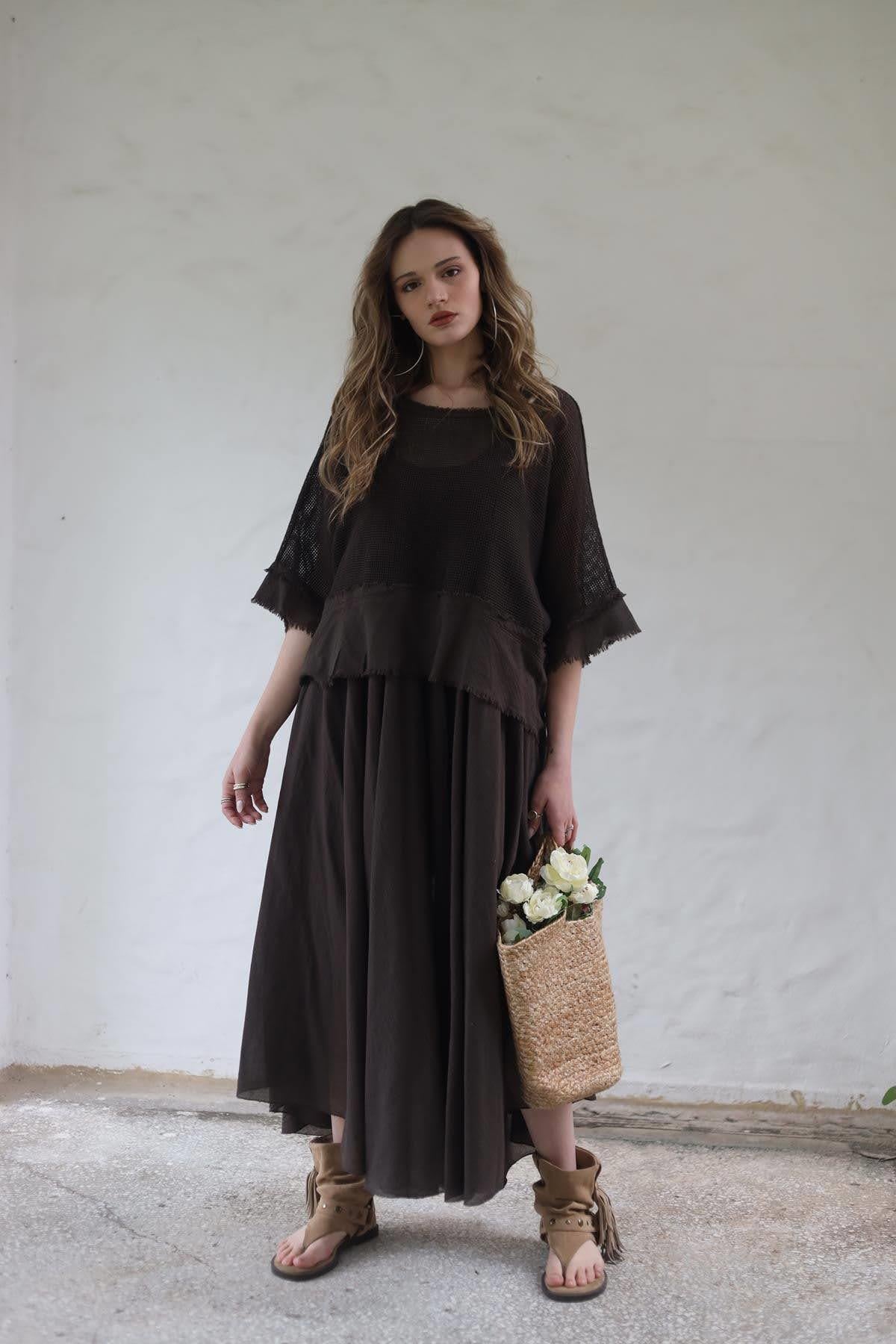 Kahverengi File Bluz Detaylı İp Askılı Elbise