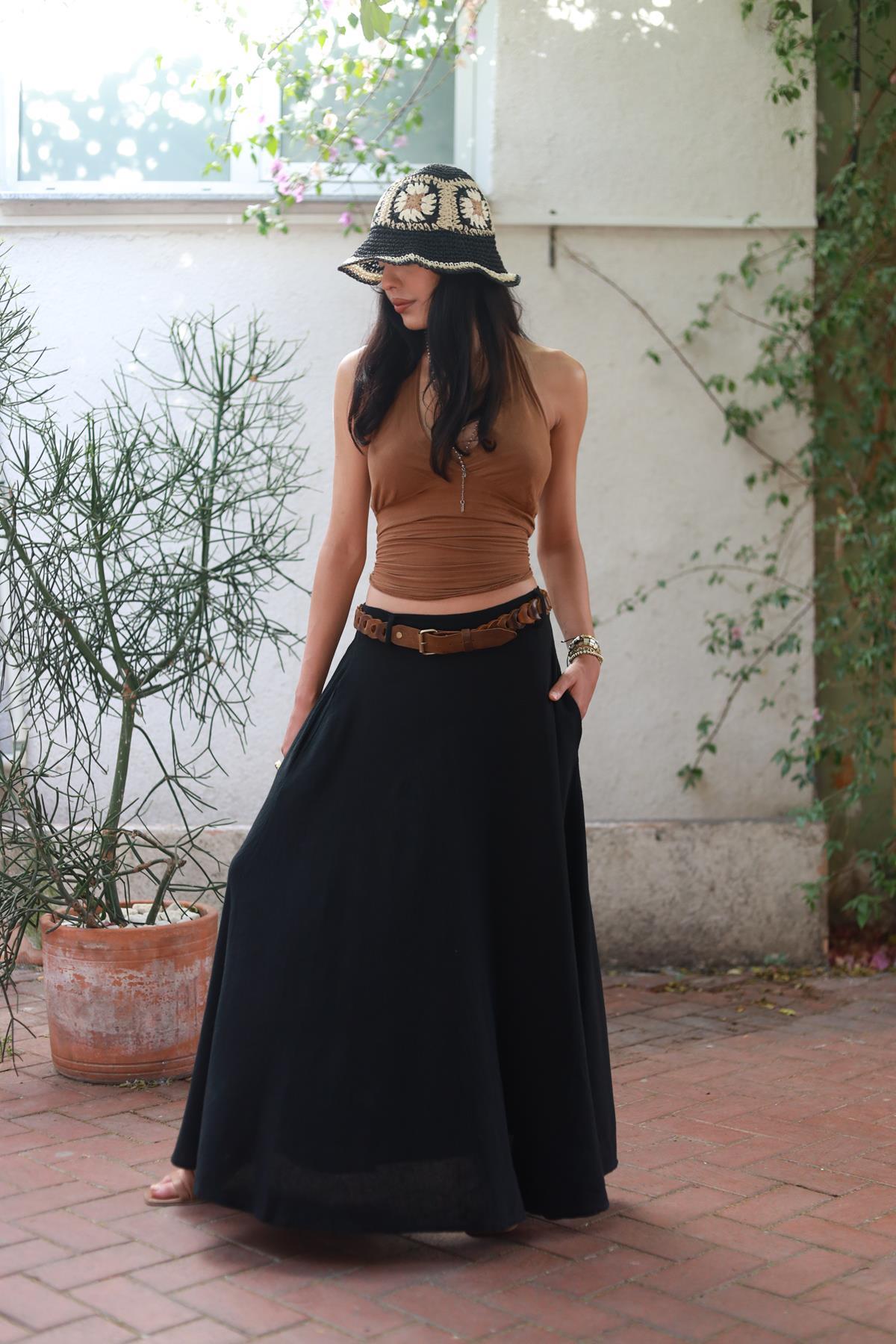 Black Elastic Pocketed Linen Skirt