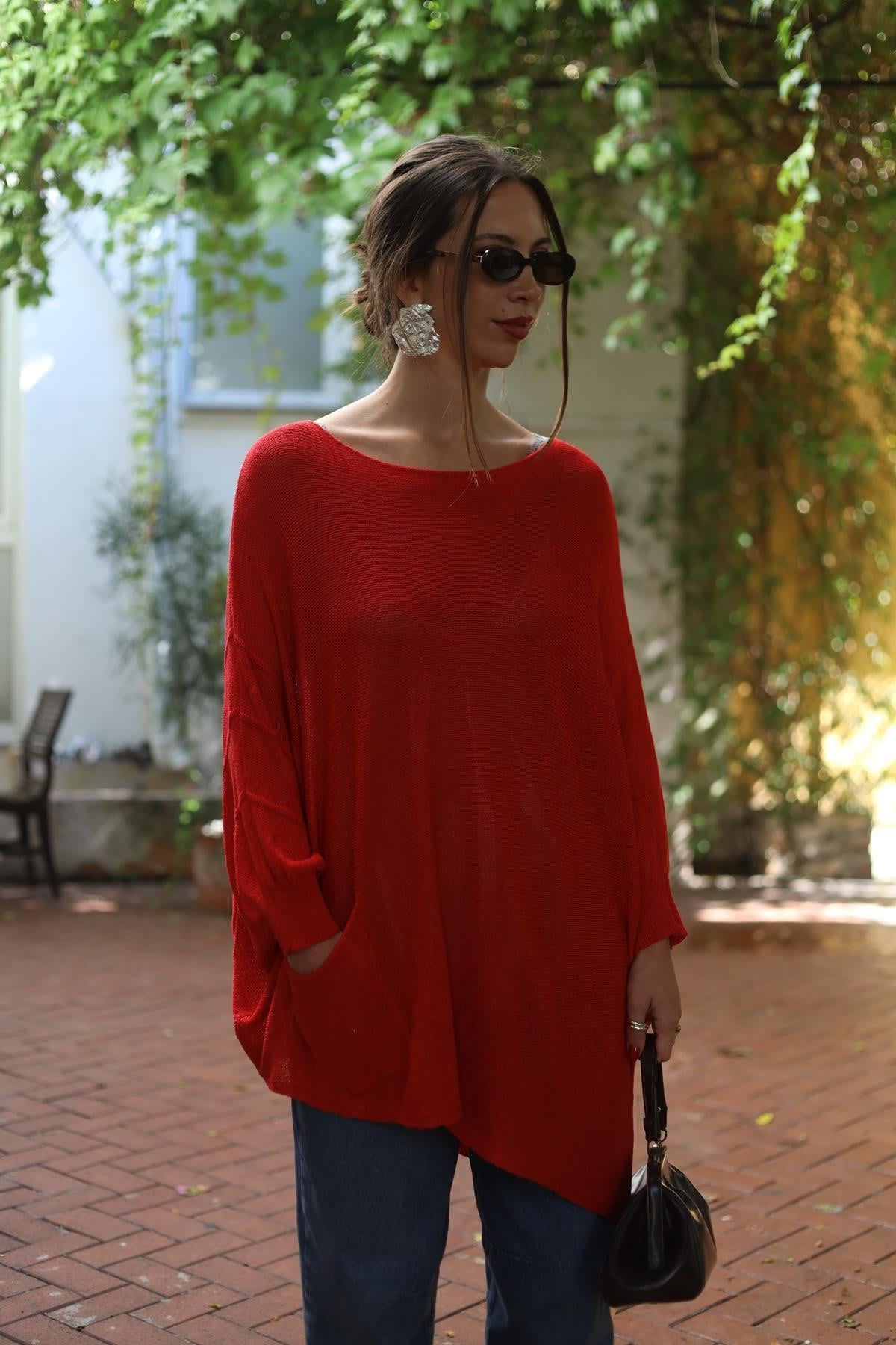 Narçiçeği Asimetrik Kesim Cepli Tunik