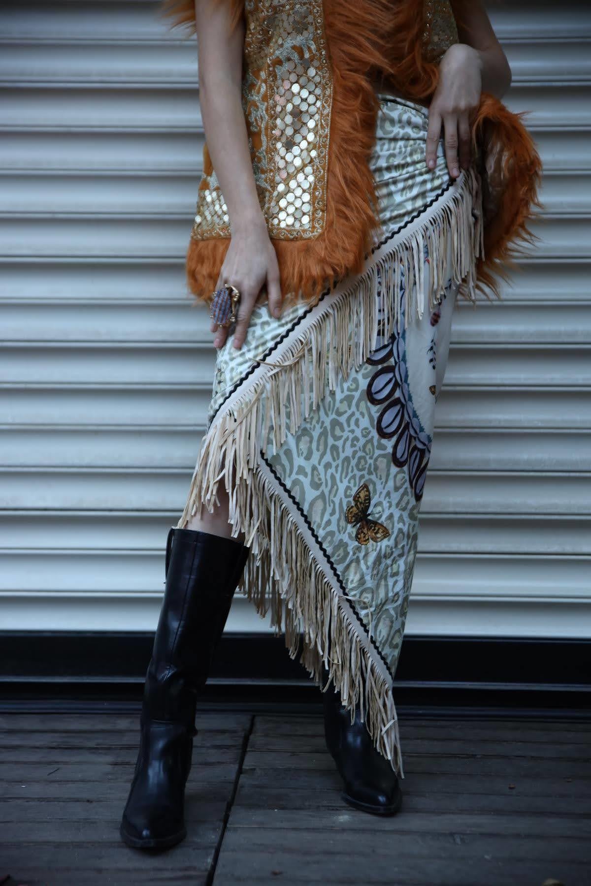 Krem Rengi Leopar Desenli Püsküllü Anvelop Etek - Şaman Butik Krem Rengi Leopar Desenli Püsküllü Anvelop Etek