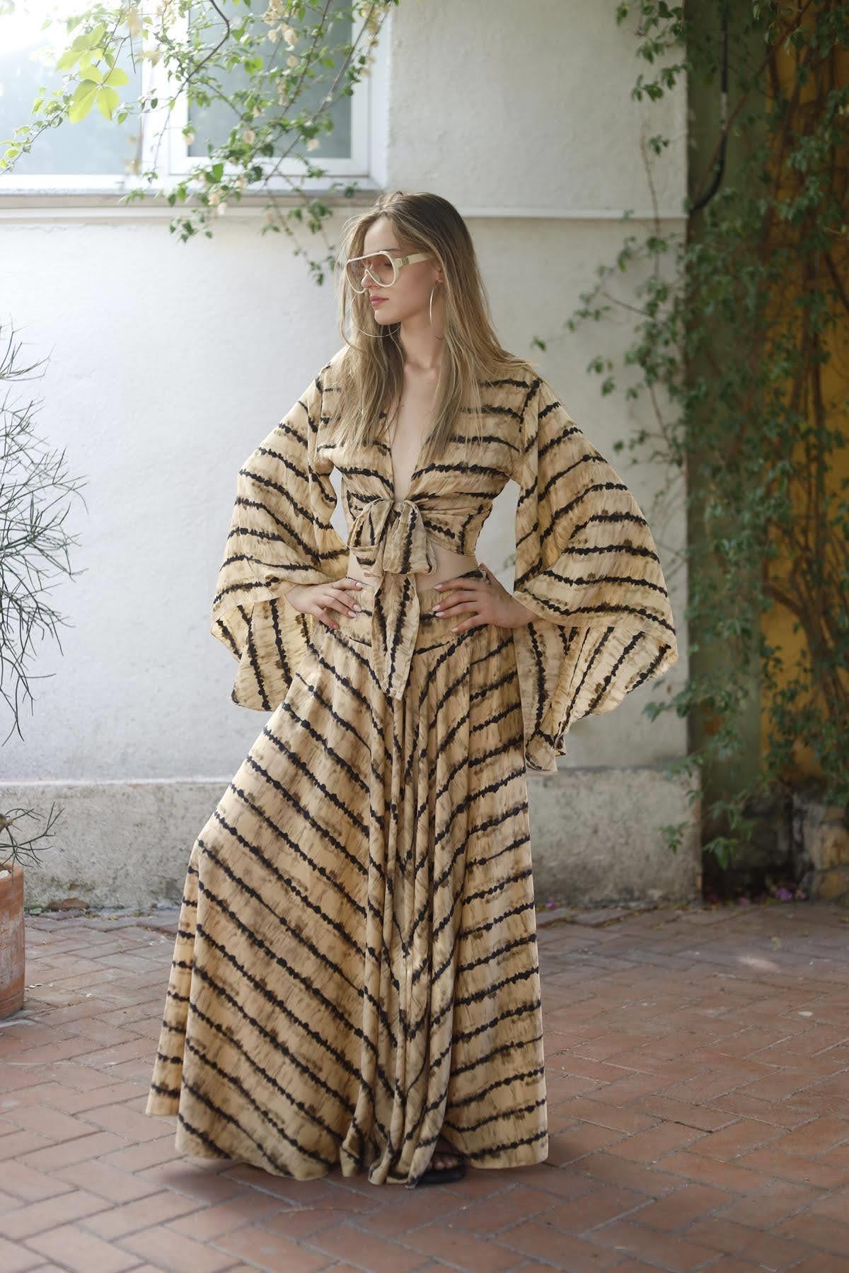 Beige Patterned Silk Trouser Skirt