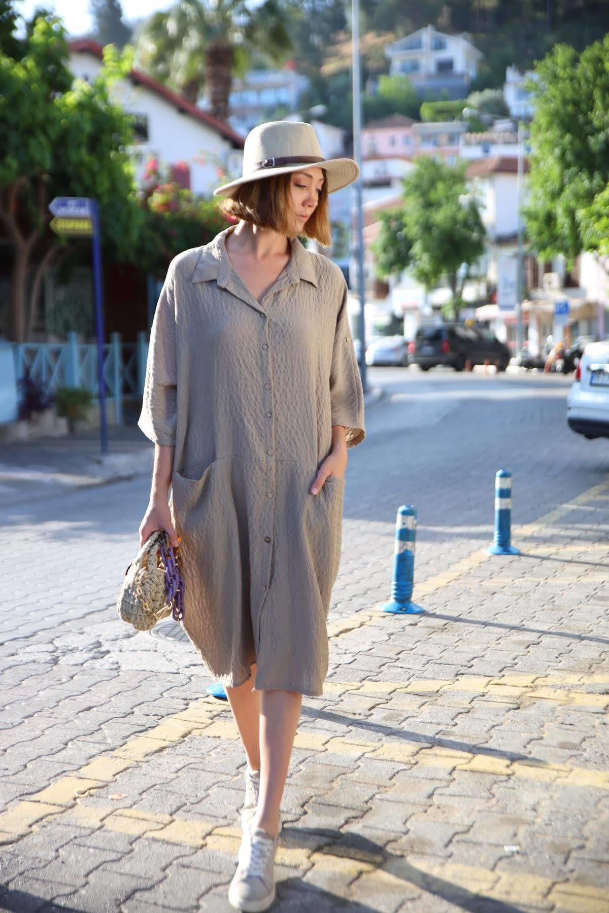 Bej Çift Cepli Gofre Gömlek Elbise - Şaman Butik Bej Çift Cepli Gofre Gömlek Elbise