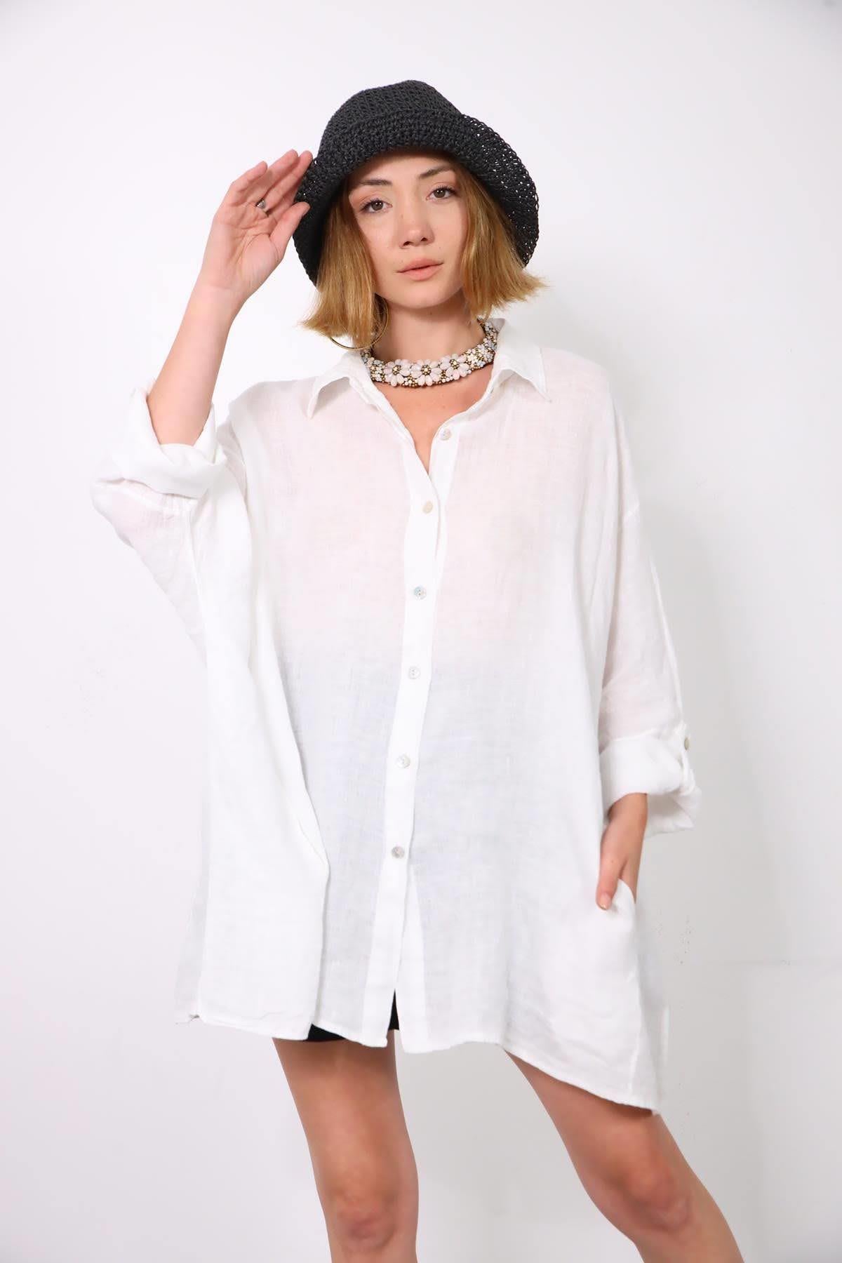 Beyaz Kolları Apoletli Uzun Keten Gömlek - Şaman Butik Beyaz Kolları Apoletli Uzun Keten Gömlek