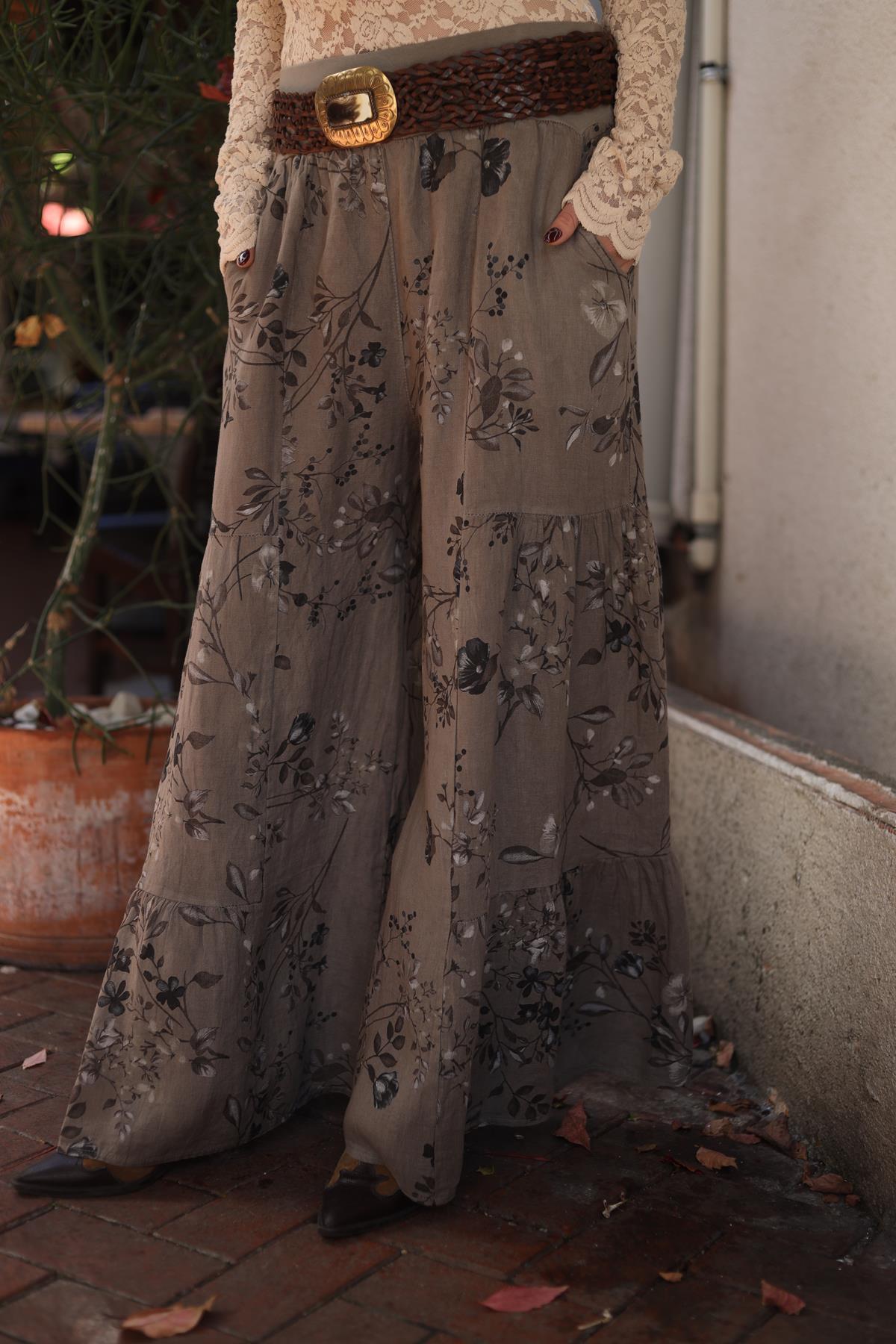 Vizon Rengi Desenli Dikiş Detaylı Keten Pantolon