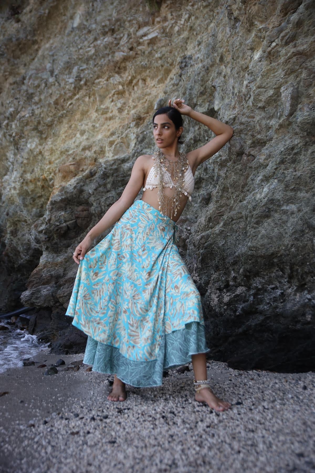 Light Blue Double Sided Silk Wrap Skirt - Saman Butik | Shop Online Light Blue Double Sided Silk Wrap Skirt