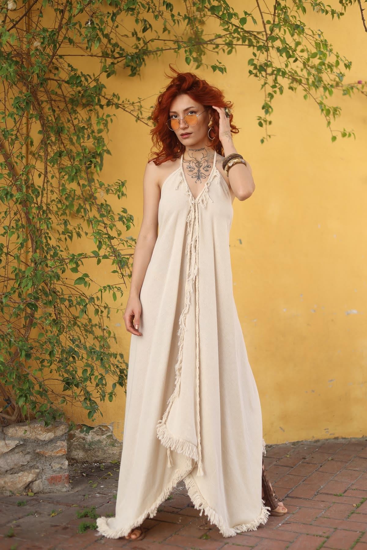 Cream Color Knitted Strappy Tassel Asymmetrical Dress