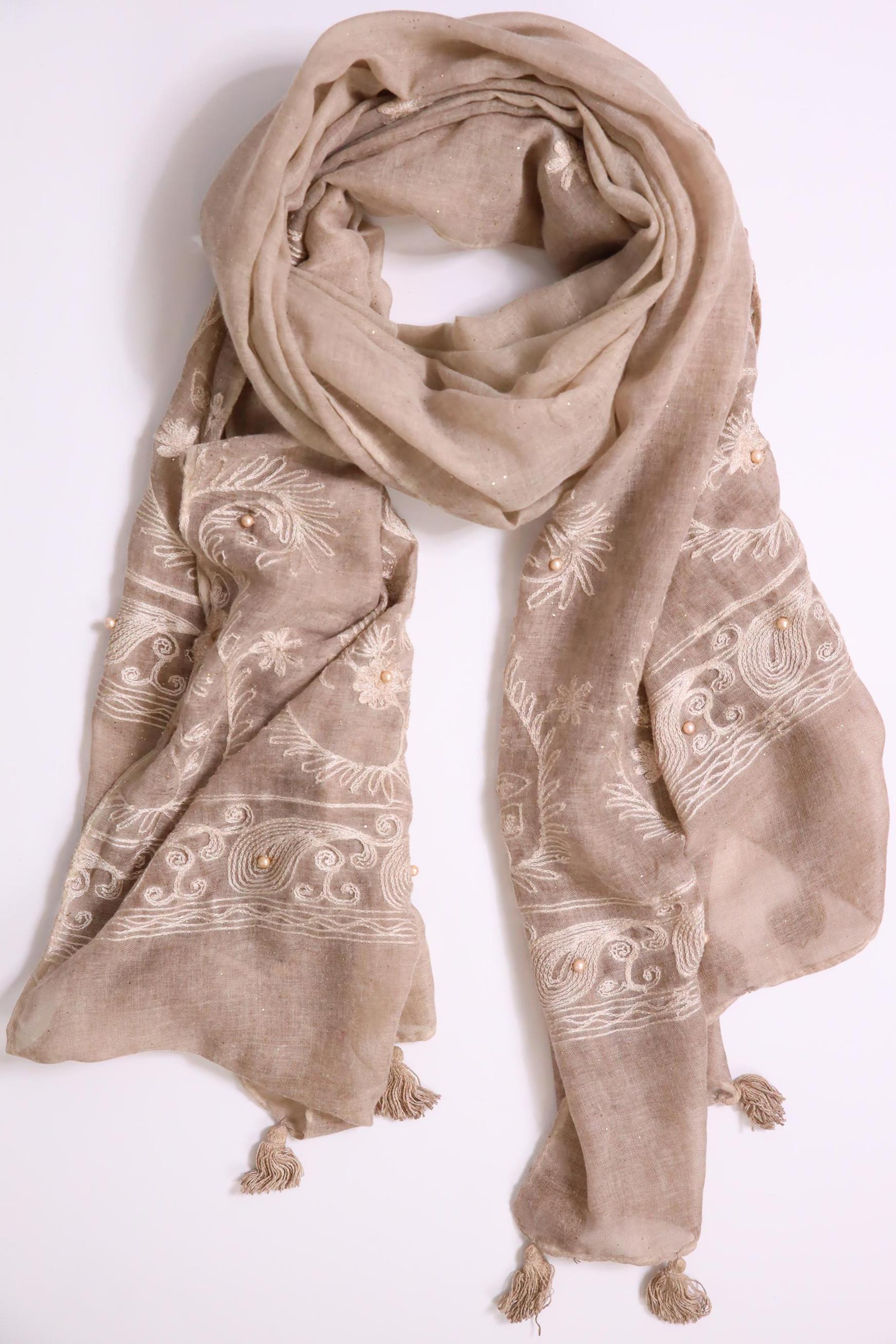 Vizon Rengi Simli İnci İşlemeli Şal - Şaman Butik Vizon Rengi Simli İnci İşlemeli Şal