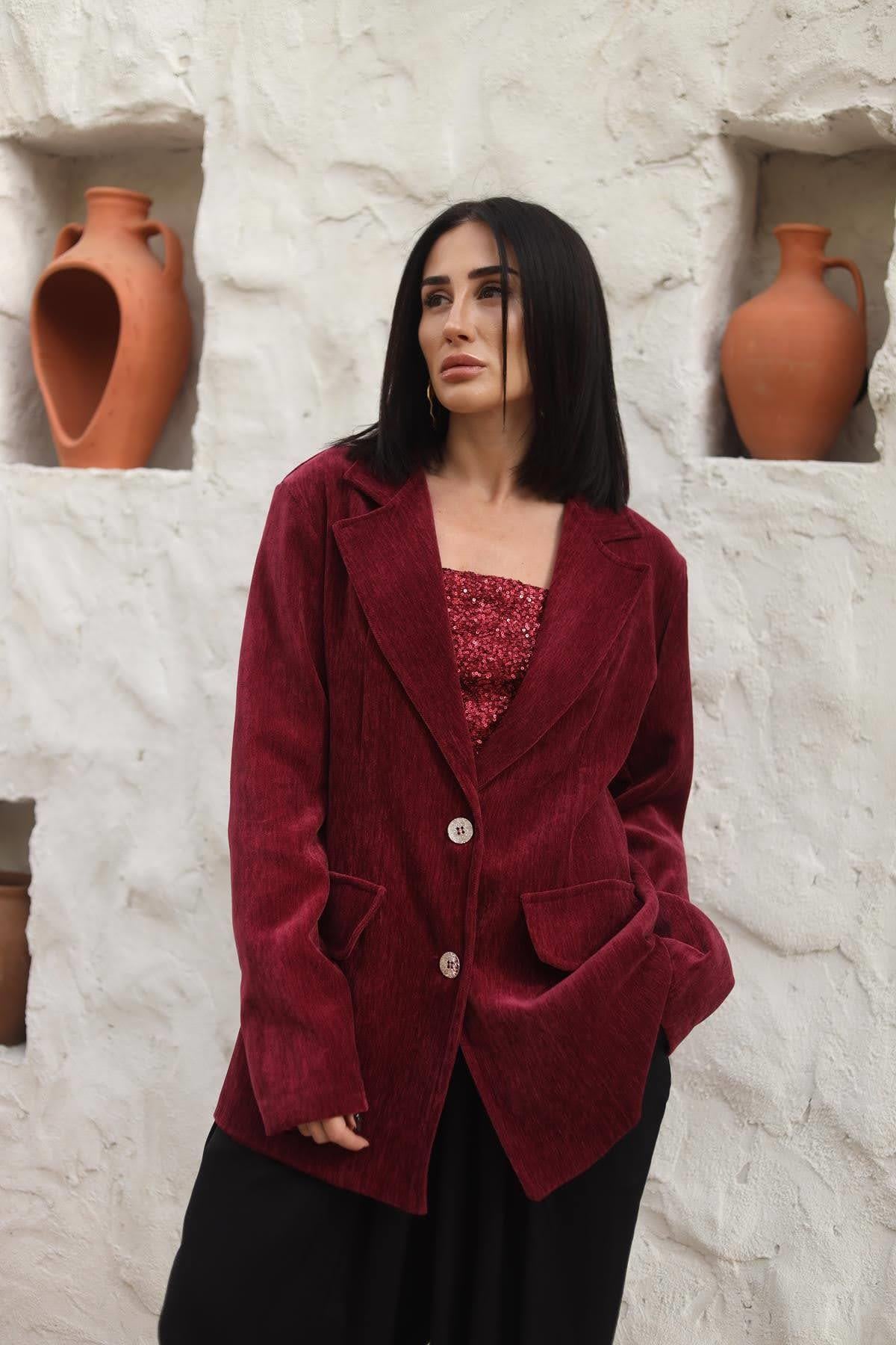 Bordo Parlak Düğme Detaylı Kadife Ceket