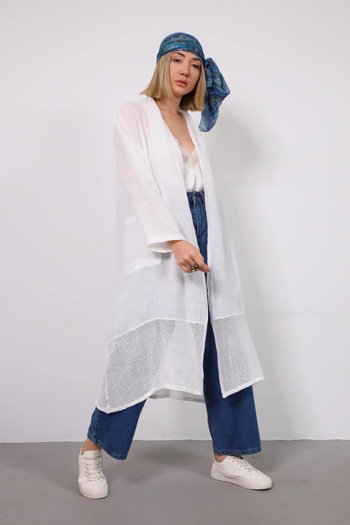 Beyaz Altı File Detaylı Keten Kaftan - Şaman Butik Beyaz Altı File Detaylı Keten Kaftan