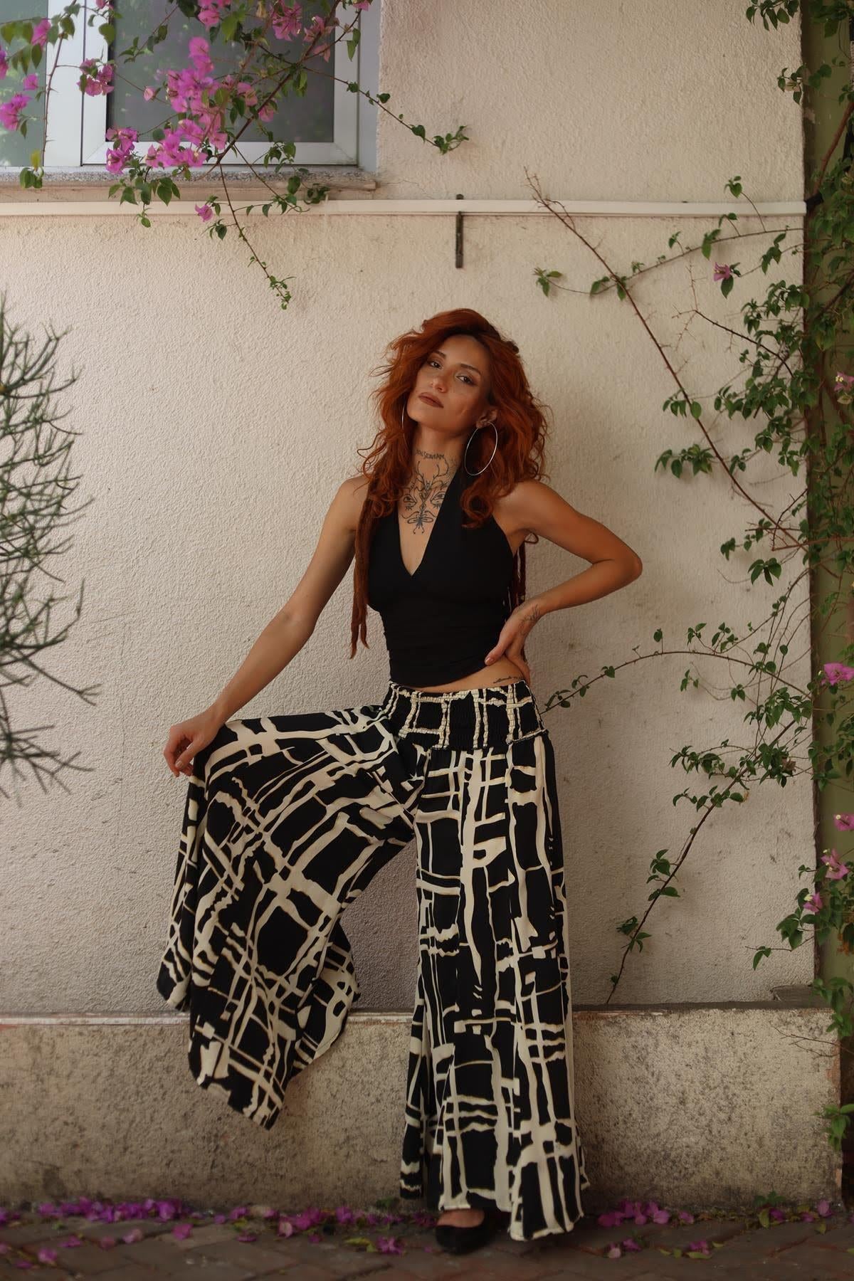 Black Gimped Waist Silk Wide Pants
