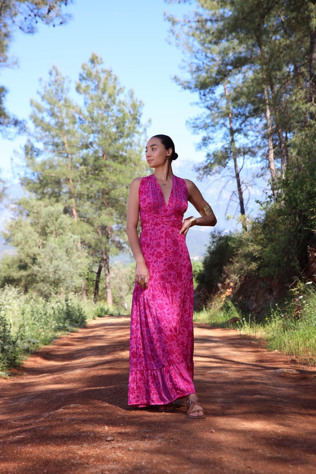 Fuşya Boyundan Bağlamalı Pileli İpek Elbise - Şaman Butik Fuşya Boyundan Bağlamalı Pileli İpek Elbise