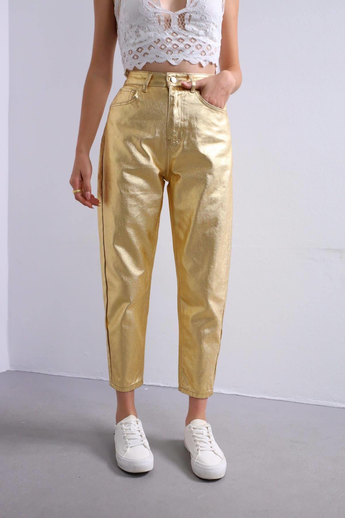 Gold Rengi Parlak Kot Pantolon - Şaman Buti Gold Rengi Parlak Kot Pantolon