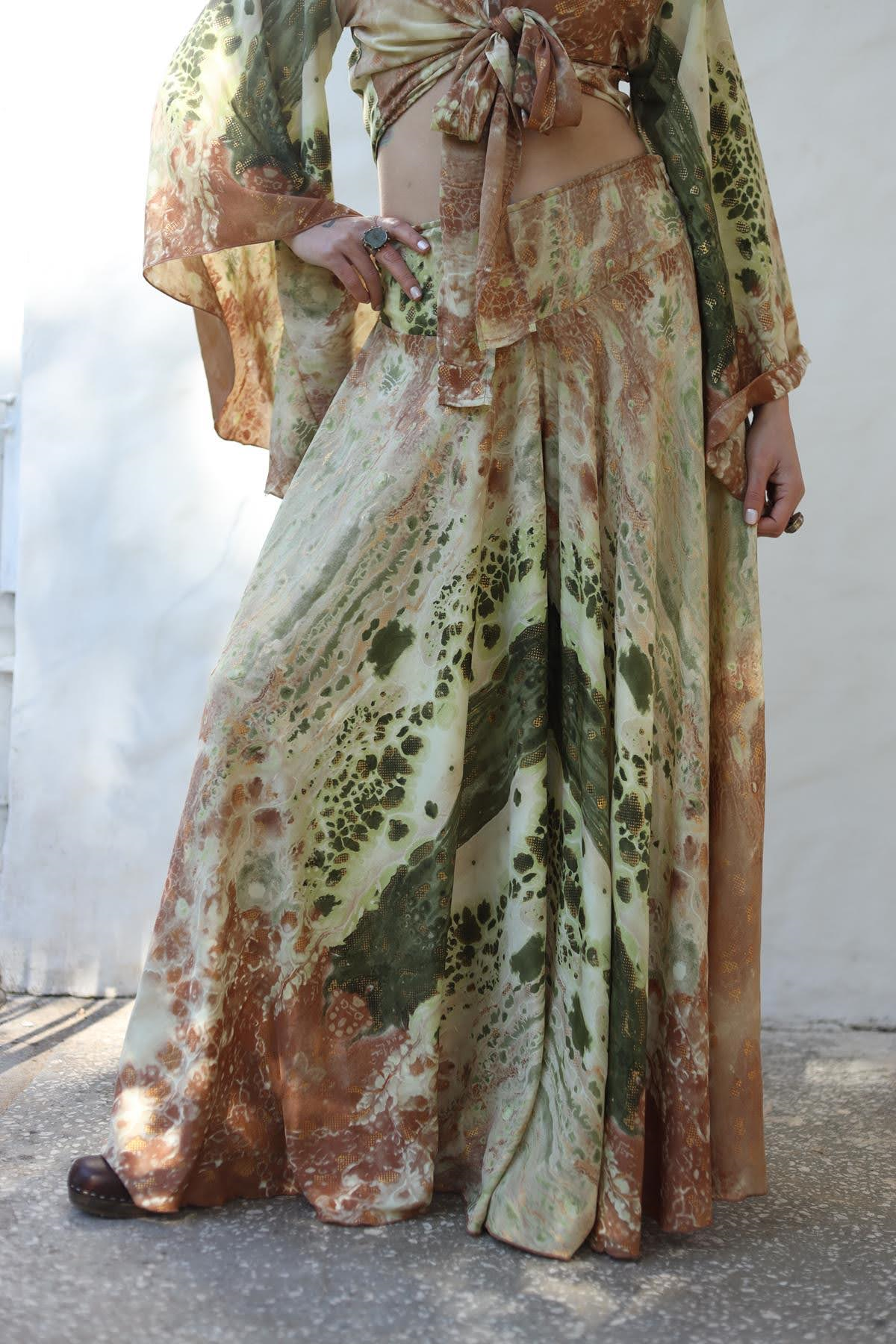 Su Yeşili Desenli İpek Pantolon Etek