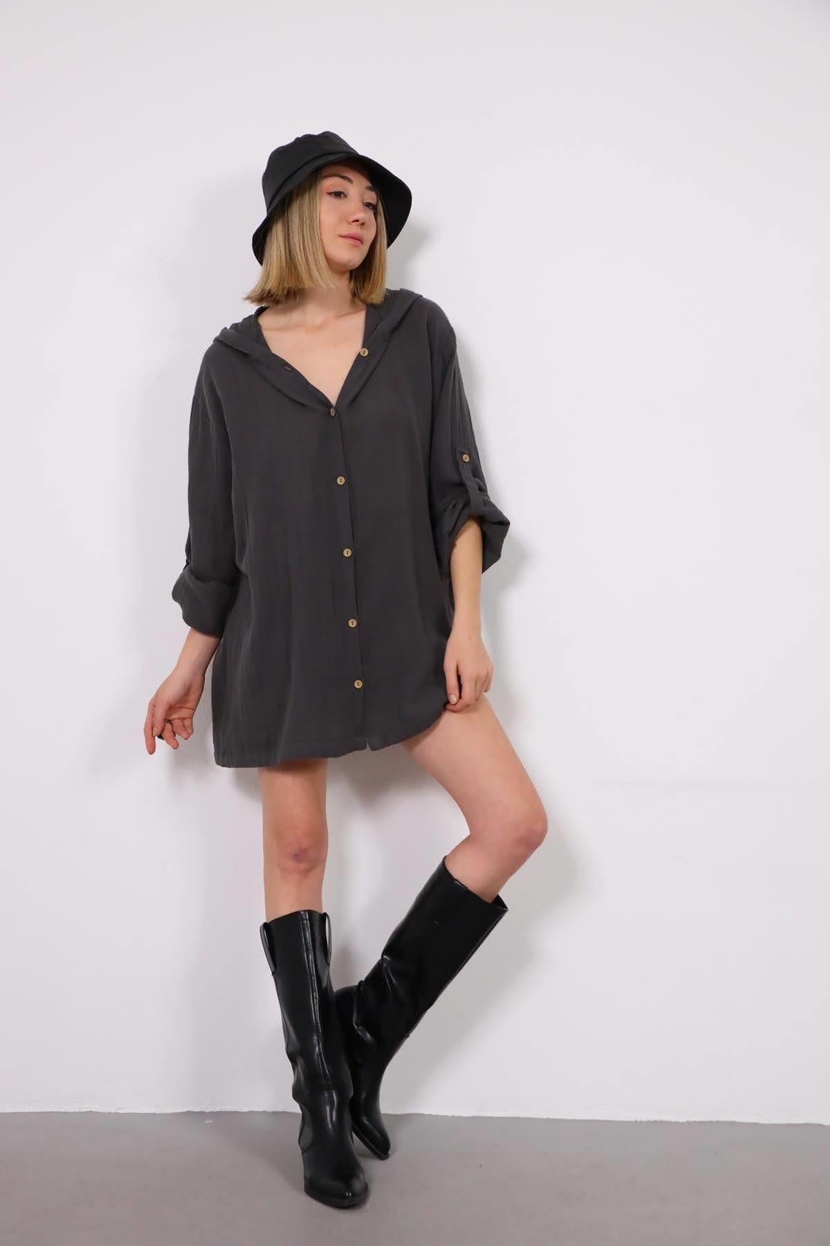 Antrasit Kapüşonlu Müslin Gömlek - Şaman Butik Antrasit Kapüşonlu Müslin Gömlek
