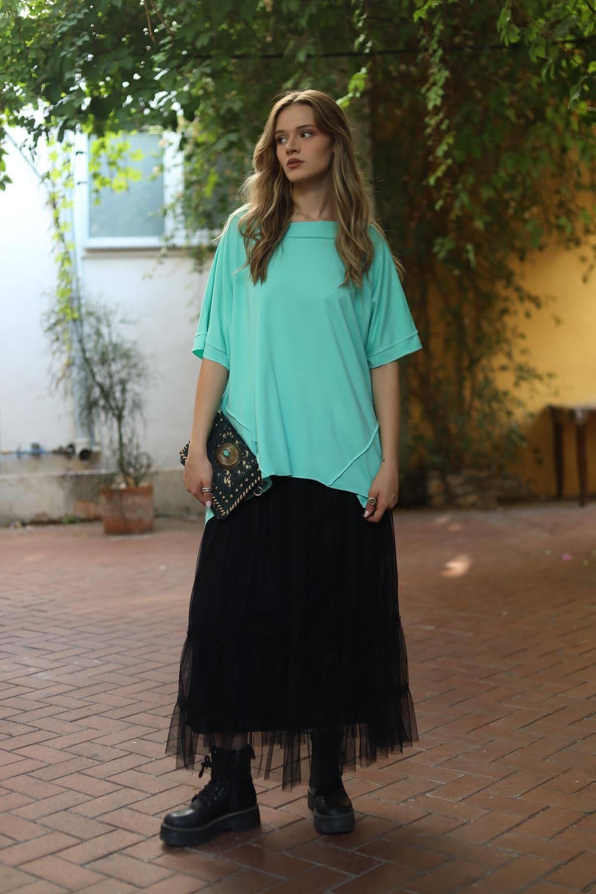 Sea Green Boat Neck Blouse